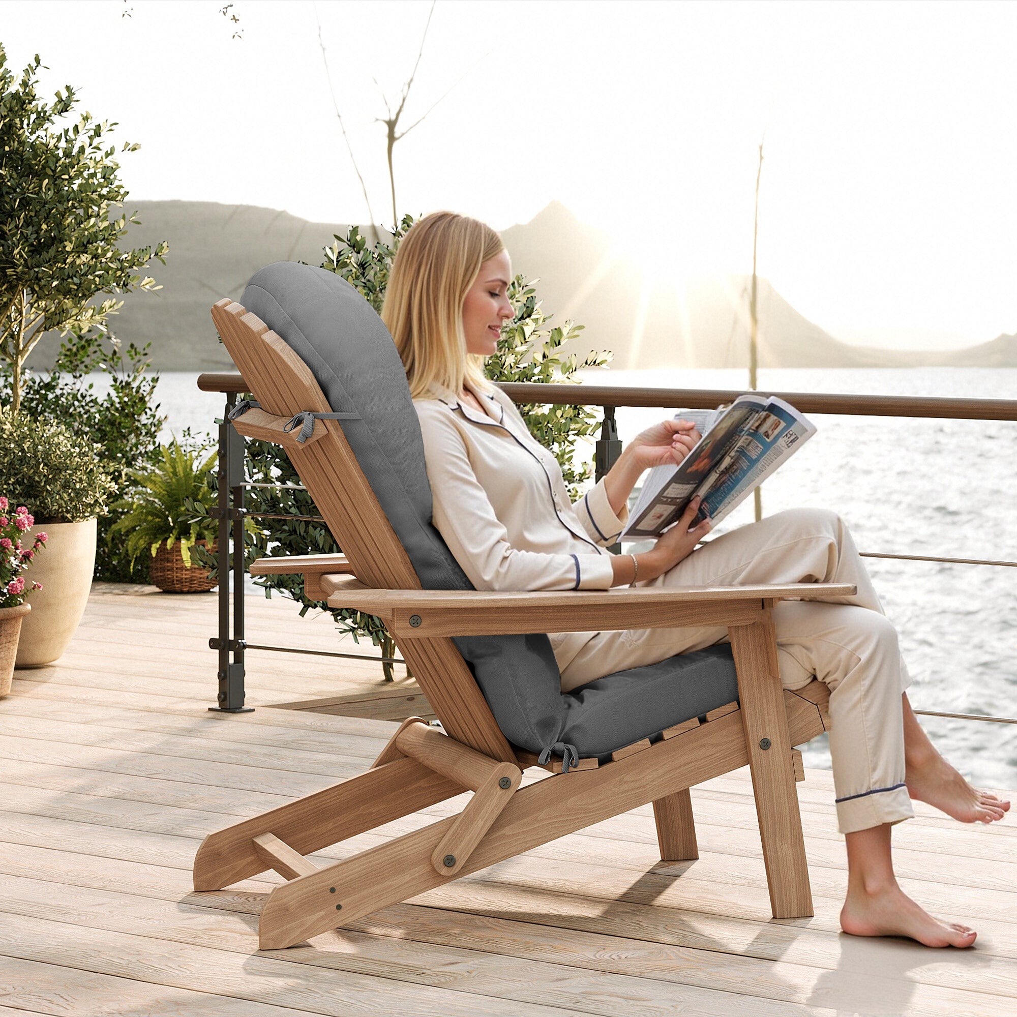 Adirondack Chair Cushion with Ties - Sunproof Waterproof Outdoor High Back Seat Pads for Rocking Chairs, Patio, Deck, Porch, Lawn (Upper & Lower Back Support)