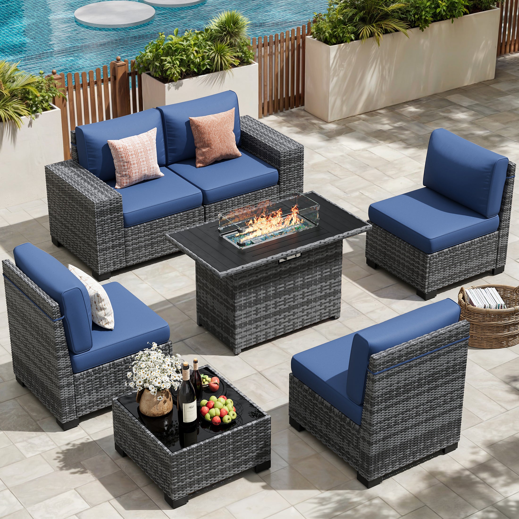 UDPATIO Patio Furniture Set with Fire Pit Table, Outdoor Patio Sofa Set With Wide Armrest, All-Weather Wicker Rattan Guest Set With Cushion And Glass Table And Waterproof Cover, Grey&Navy Blue