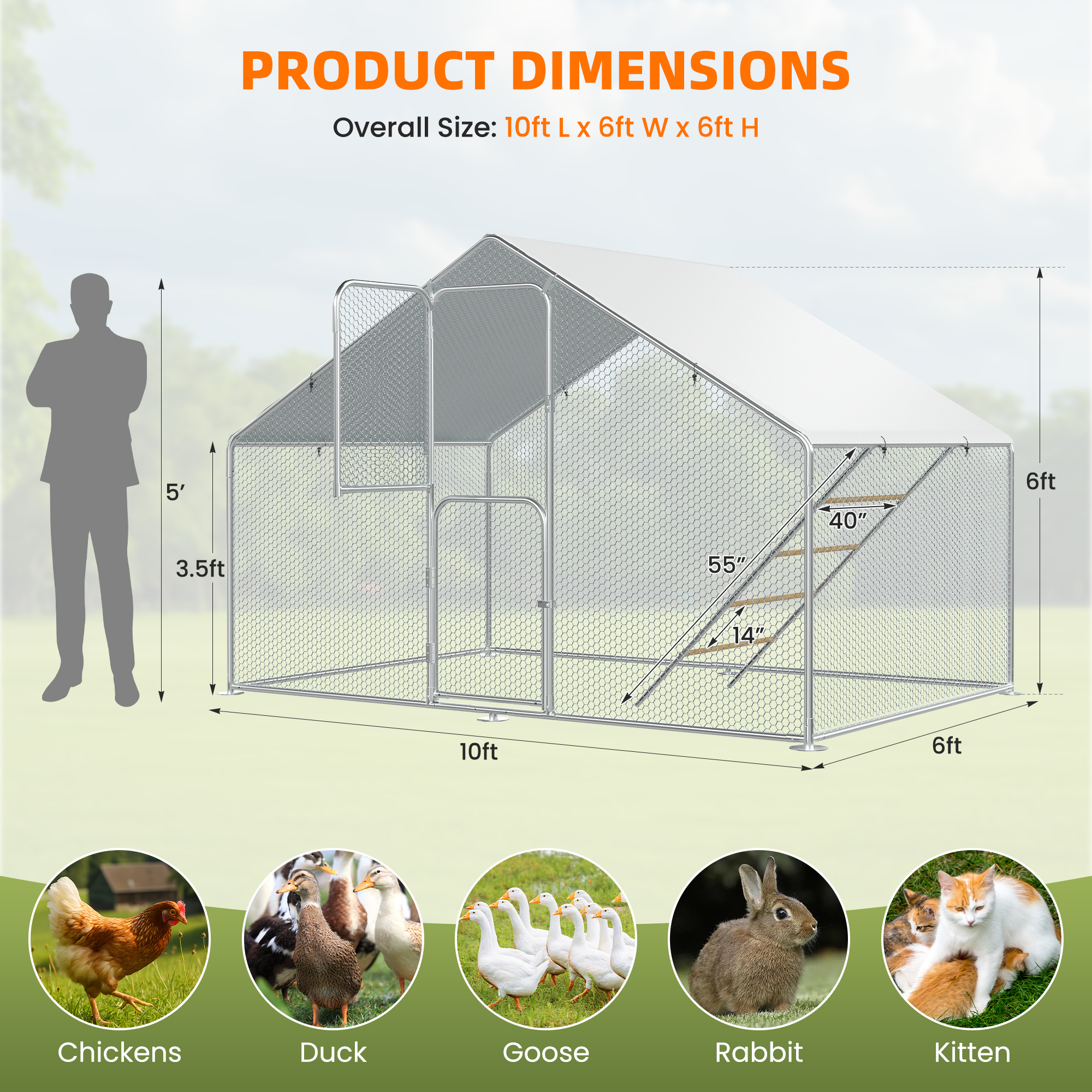 Chicken Coop & Metal Run - Spacious Walk In Pen for 10 Chickens with Double Feed Door, UV-Resistant Cover, Galvanized Frame - Duck & Rabbit House