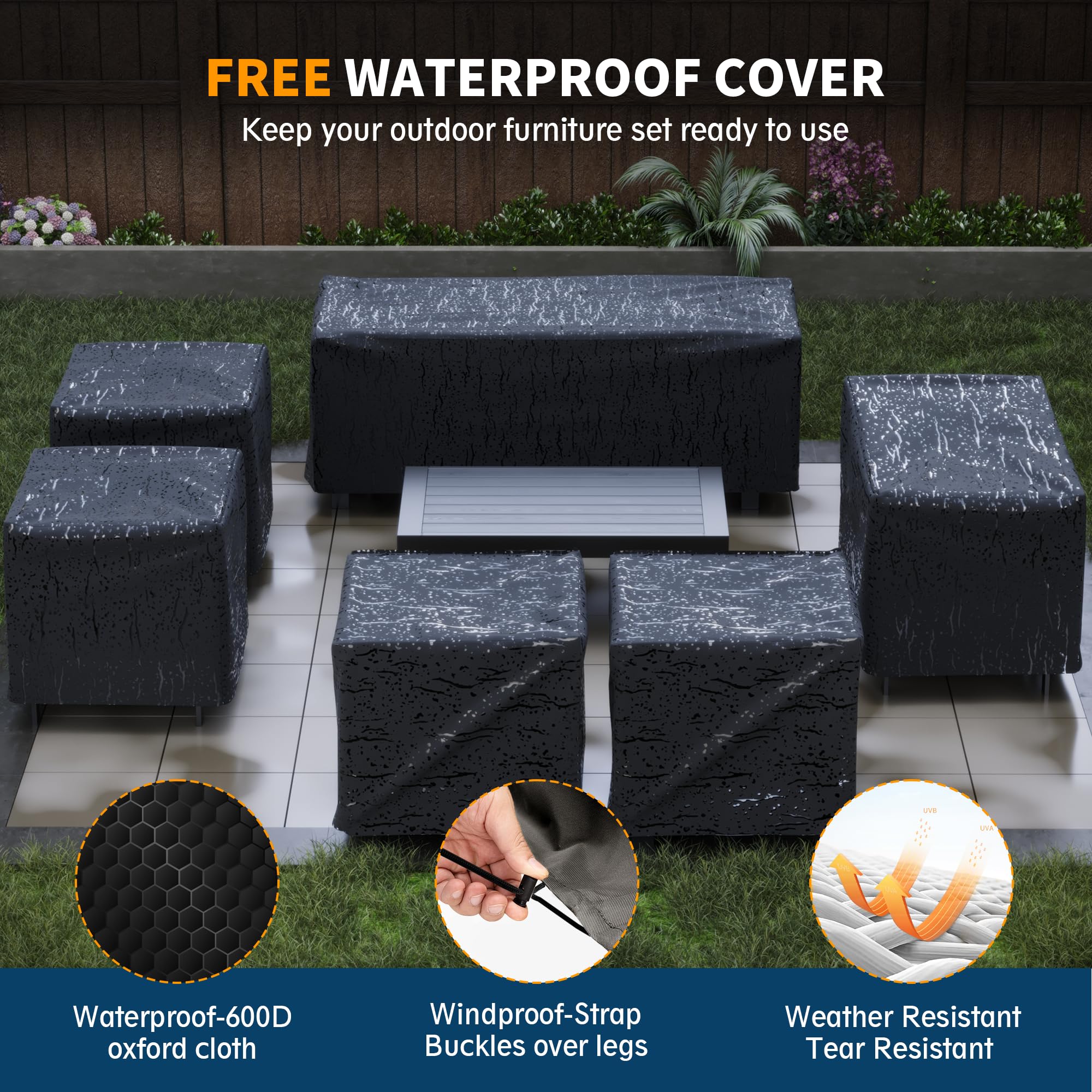 UDPATIO Aluminum Patio Furniture Set with Fire Pit Table, 9 Seats Mordern Outdoor Furniture Set with Water-Proof Cover Included, Dark Grey Frame/Dark Navy Cushions