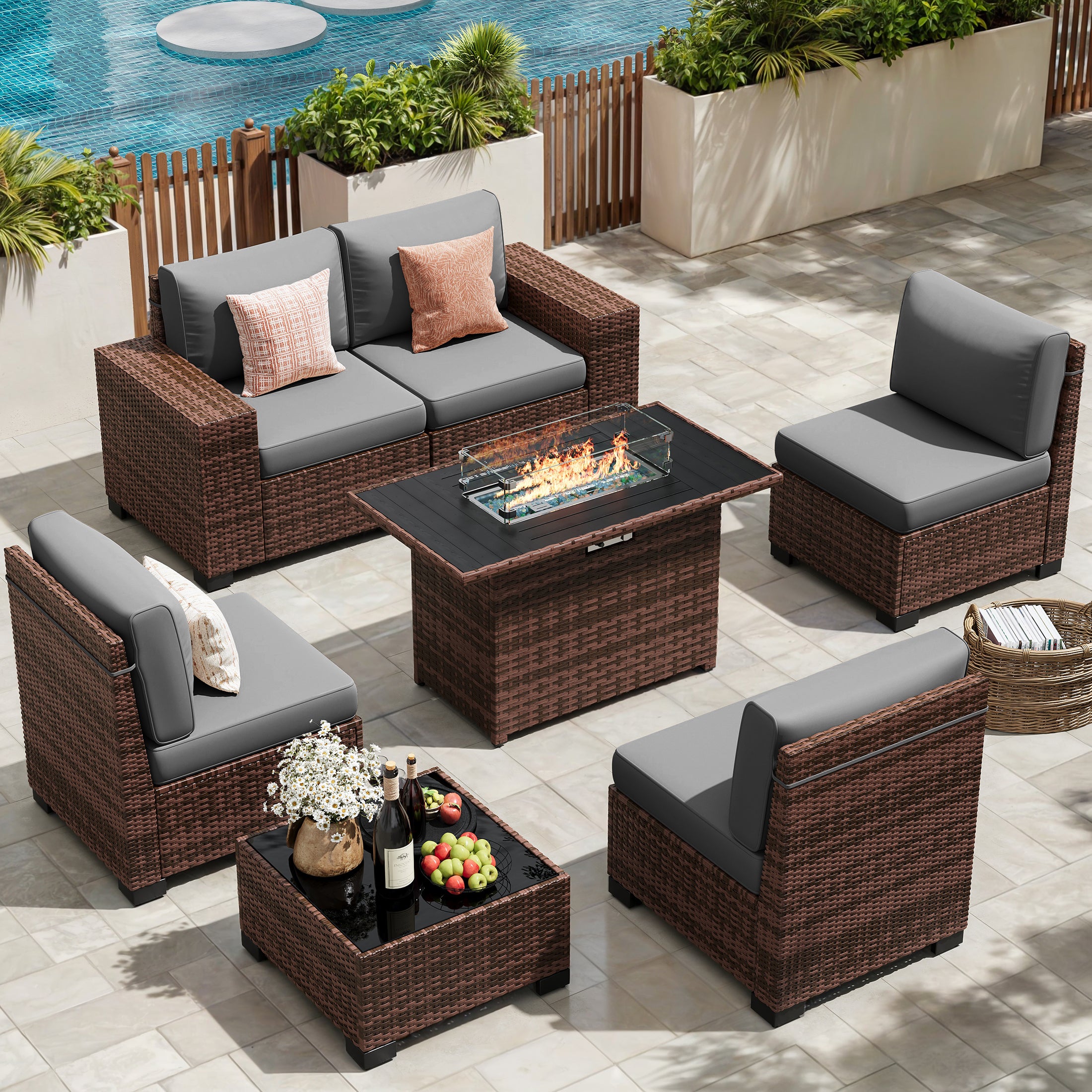 UDPATIO Patio Furniture Set with Fire Pit Table, Outdoor Patio Sofa Set With Wide Armrest, All-Weather Wicker Rattan Guest Set With Cushion And Glass Table And Waterproof Cover, Brown&Dark Gray