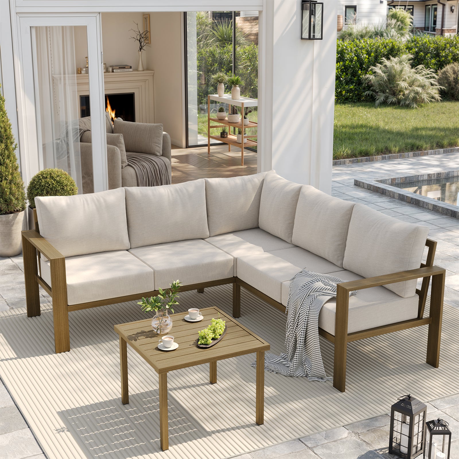 UDPATIO 6 Piece Patio Furniture Set, Faux Wood Metal Outdoor Sectional Sofa with 6" Thick Olefin Cushions, Wide Armrest & Coffee Table, L Shaped Outdoor Furniture for Garden, Backyard