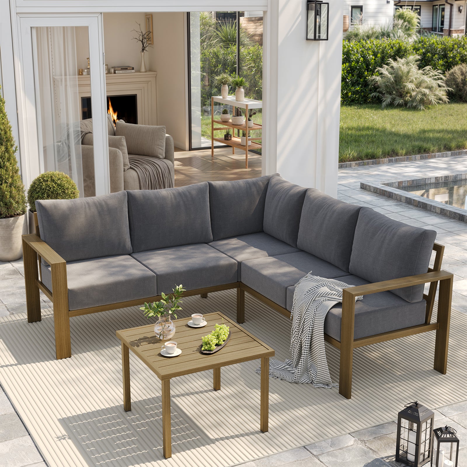 UDPATIO 6 Piece Patio Furniture Set, Faux Wood Metal Outdoor Sectional Sofa with 6" Thick Olefin Cushions, Wide Armrest & Coffee Table, L Shaped Outdoor Furniture for Garden, Backyard