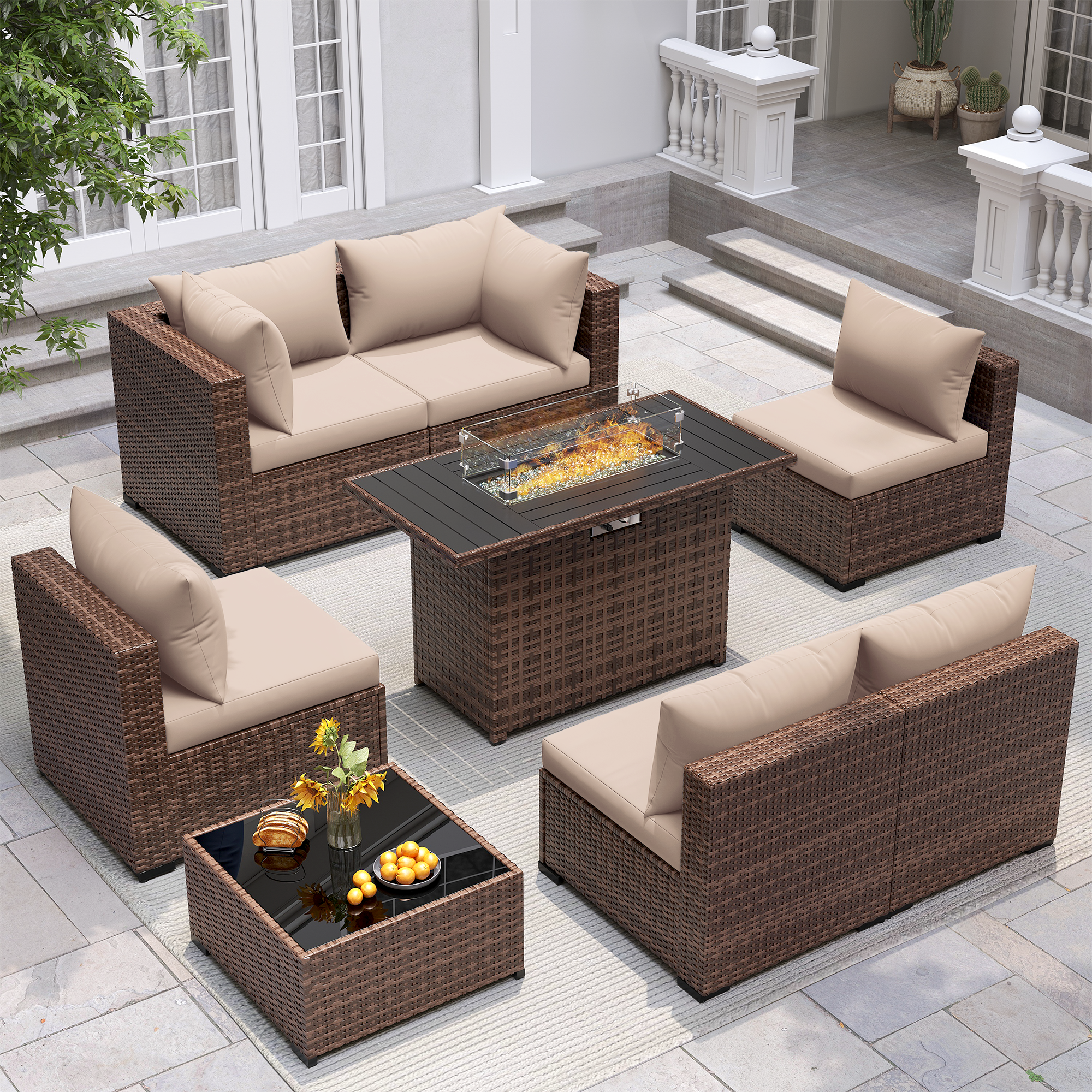 UDPATIO Outdoor Patio Furniture Set with Fire Pit Table, 8 Piece Outdoor Sectional Sofas, All-Weather Wicker Patio Conversation Set for Garden, Backyard