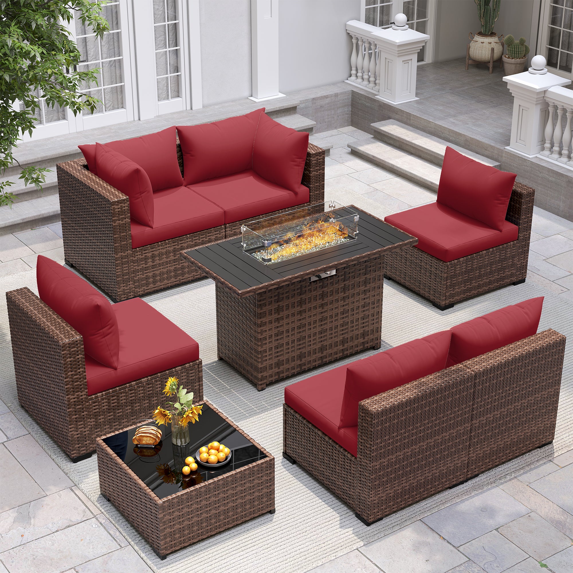 UDPATIO Outdoor Patio Furniture Set with Fire Pit Table, 8 Piece Outdoor Sectional Sofas, All-Weather Wicker Patio Conversation Set for Garden, Backyard