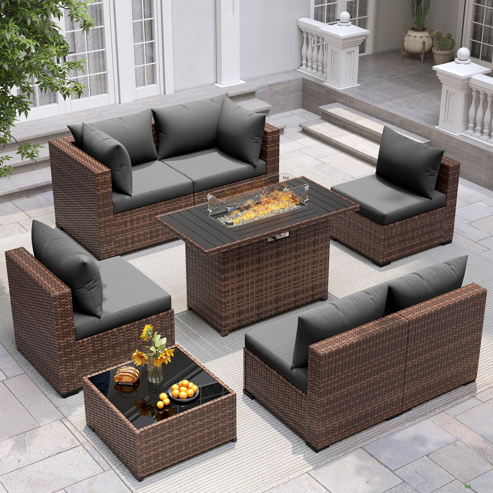 UDPATIO Outdoor Patio Furniture Set with Fire Pit Table, 8 Piece Outdoor Sectional Sofas, All-Weather Wicker Patio Conversation Set for Garden, Backyard