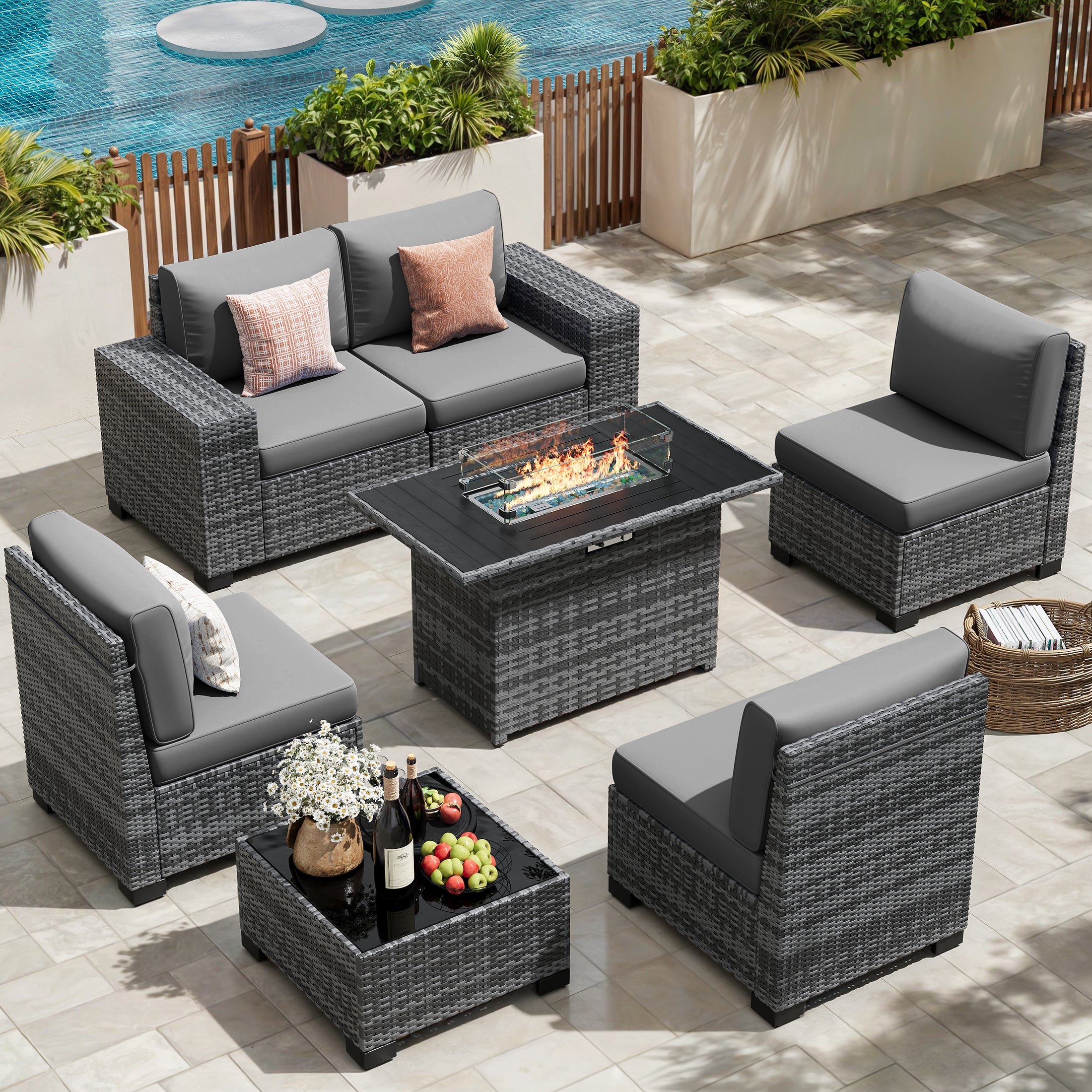 UDPATIO Patio Furniture Set with Fire Pit Table, Outdoor Patio Sofa Set With Wide Armrest, All-Weather Wicker Rattan Guest Set With Cushion And Glass Table And Waterproof Cover, Gray&Gray