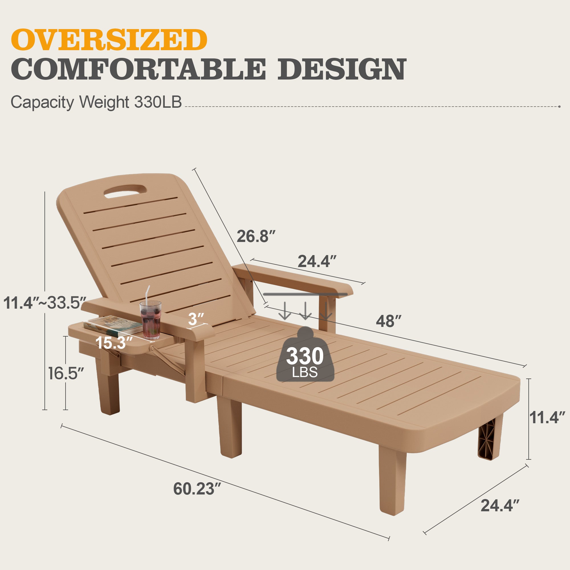 UDPATIO Oversized Pool Lounge Chairs Set of 2, Waterproof Resin Pool Chaise Lounges with Armrests and Cup Holder Tray, 5 Level Adjustable Backrest, for Poolsode, Lawn, Beach, Backyard