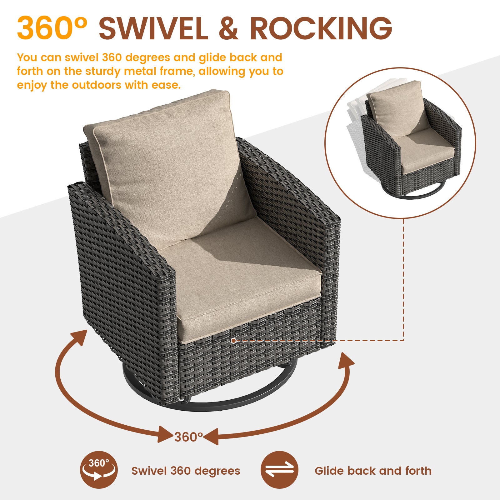 UDPATIO Patio Furniture Set, 6 Pieces Outdoor Sectional Couch, Gray Wicker Rattan Conversation Sofa with Swivel Rocking Chair, 4" Thick Cushion for Garden Backyard Deck, Khaki