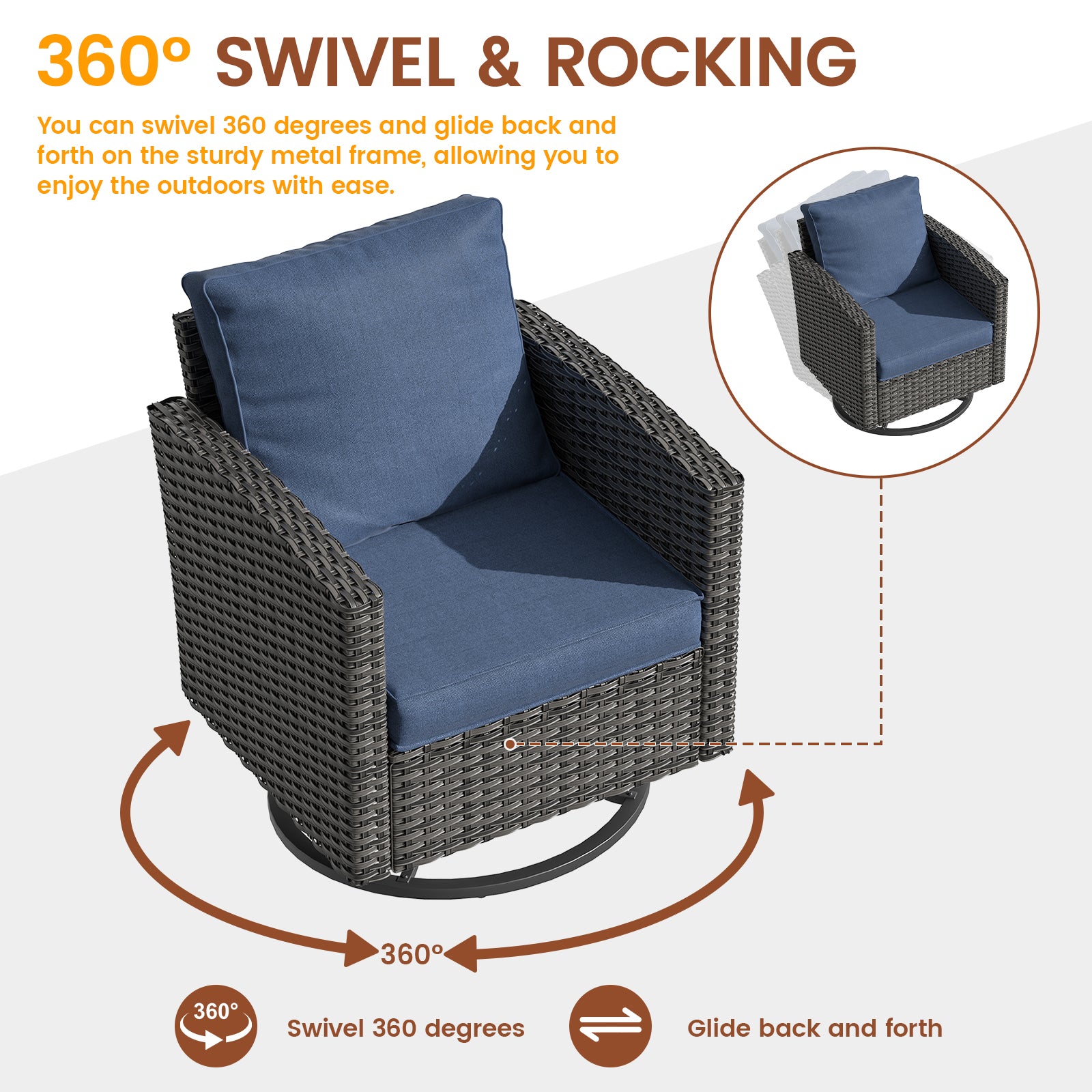 UDPATIO Patio Furniture Set, 6 Pieces Outdoor Sectional Couch, Gray Wicker Rattan Conversation Sofa with Swivel Rocking Chair, 4" Thick Cushion for Garden Backyard Deck, Navy Blue