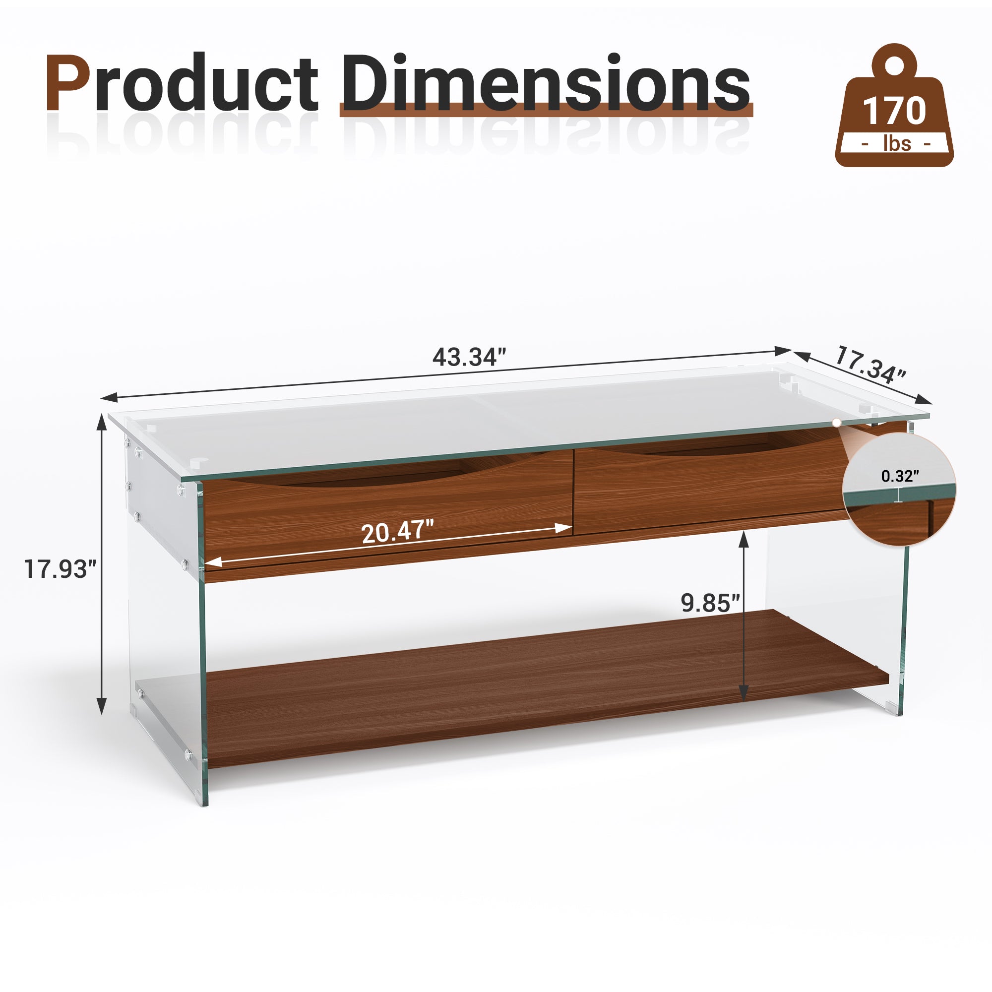 43'' W Rectangular Glass Coffee Table with Storage Drawers & Shelf Tempered Glass Top Walnut Finish Modern Center Table for Living Room