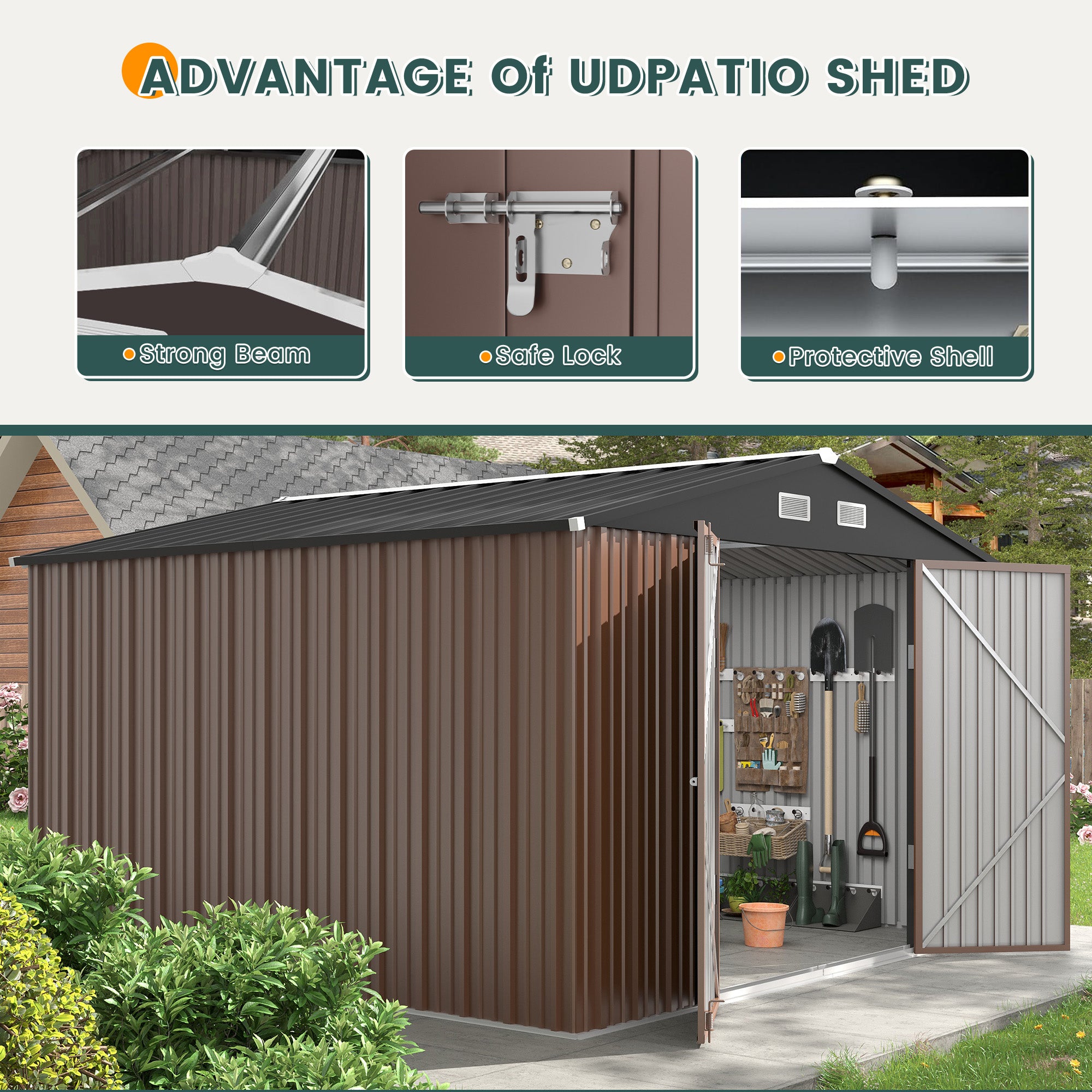 UDPATIO Outdoor Storage Shed 10x10 FT, Outside Sheds & Outdoor Storage Metal Galvanized Steel Yard, Lawn, with Lockable Door for Can, Bike, Lawnmower,Dark Brown