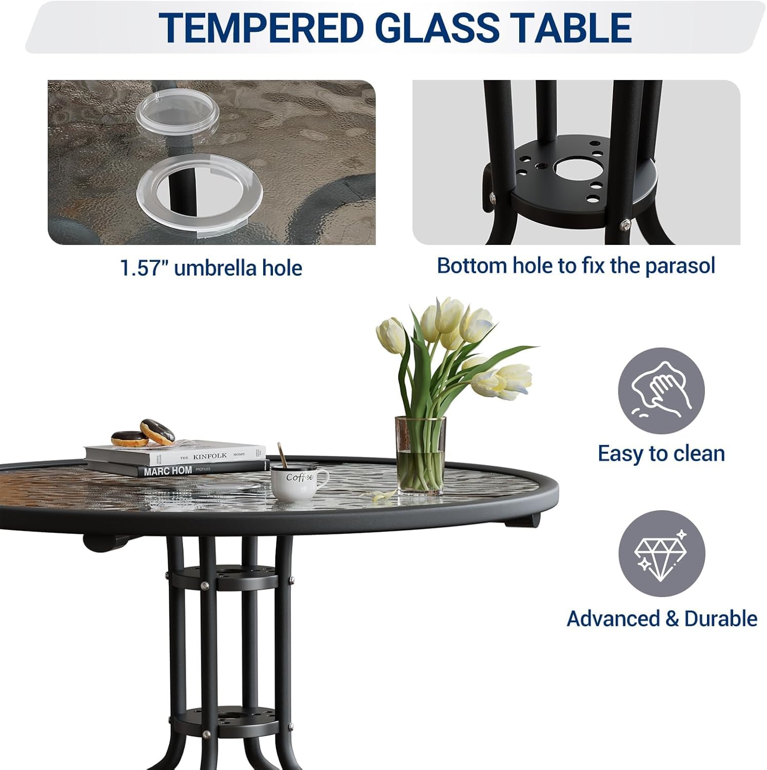 UDPATIO Folding Patio Chairs Set, Patio Dining Chairs Set of 4 and 31.5" Metal Table with 1.57" Umbrella Hole, Black