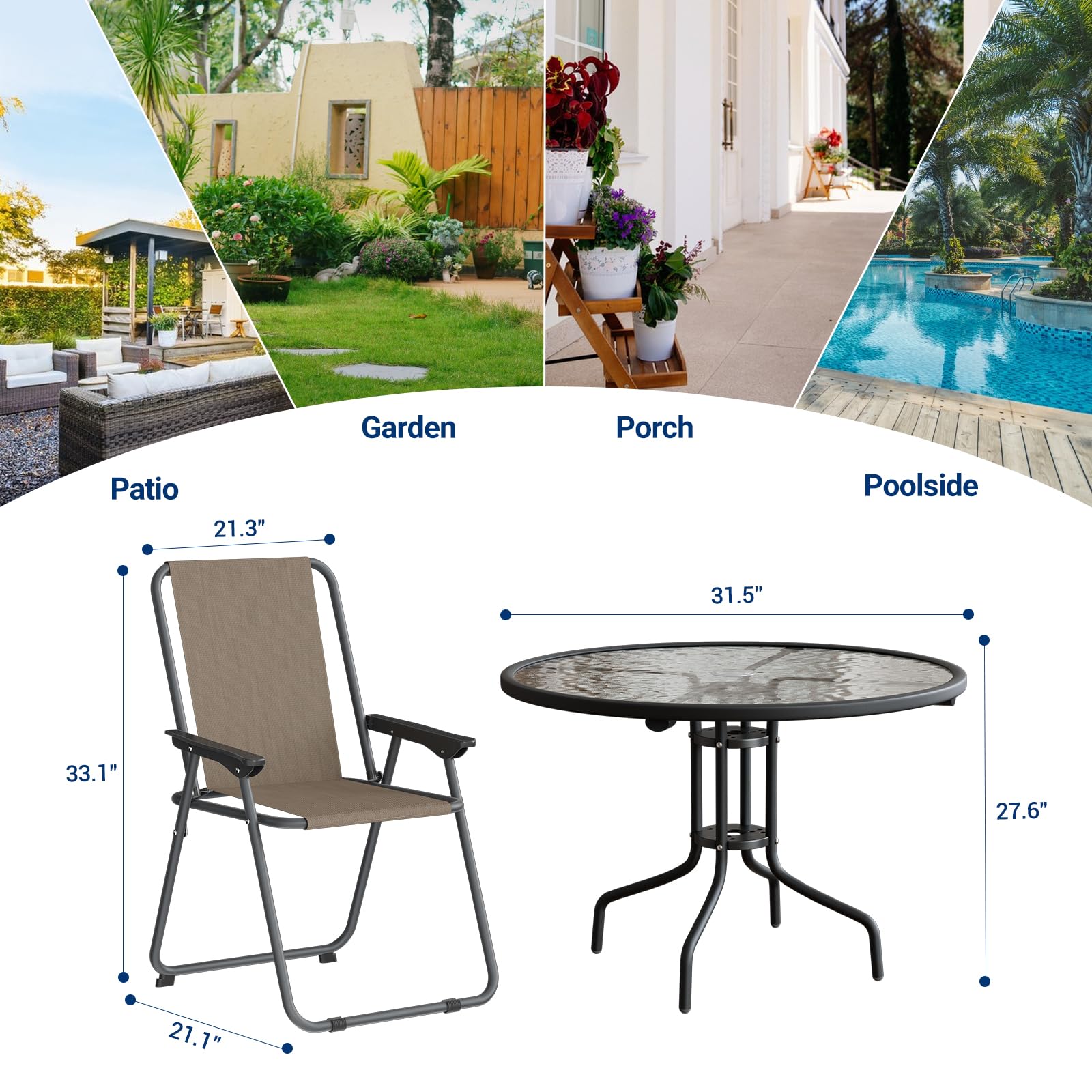 UDPATIO Folding Patio Chairs Set, Patio Dining Chairs Set of 4 and 31.5" Round Tempered Glass Metal Table with 1.57" Umbrella Hole, Brown
