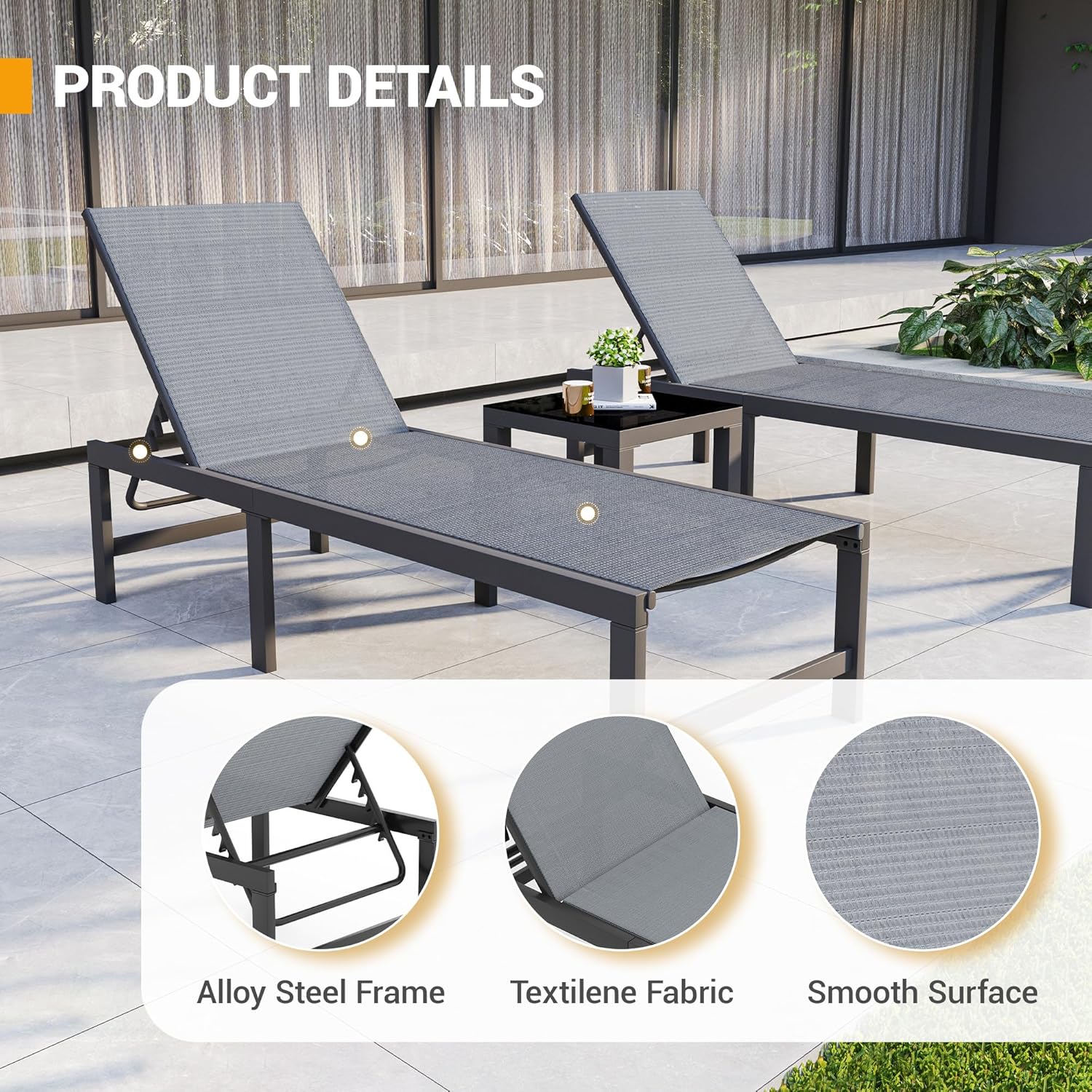 UDPATIO Lounge Chair Outdoor 3 Pieces Pool Chaise Lounge, Adjustable Lounge Poolside Lay Flat Sunbathing Backrest with Table for Patio, Beach, Yard, Pool (Grey)