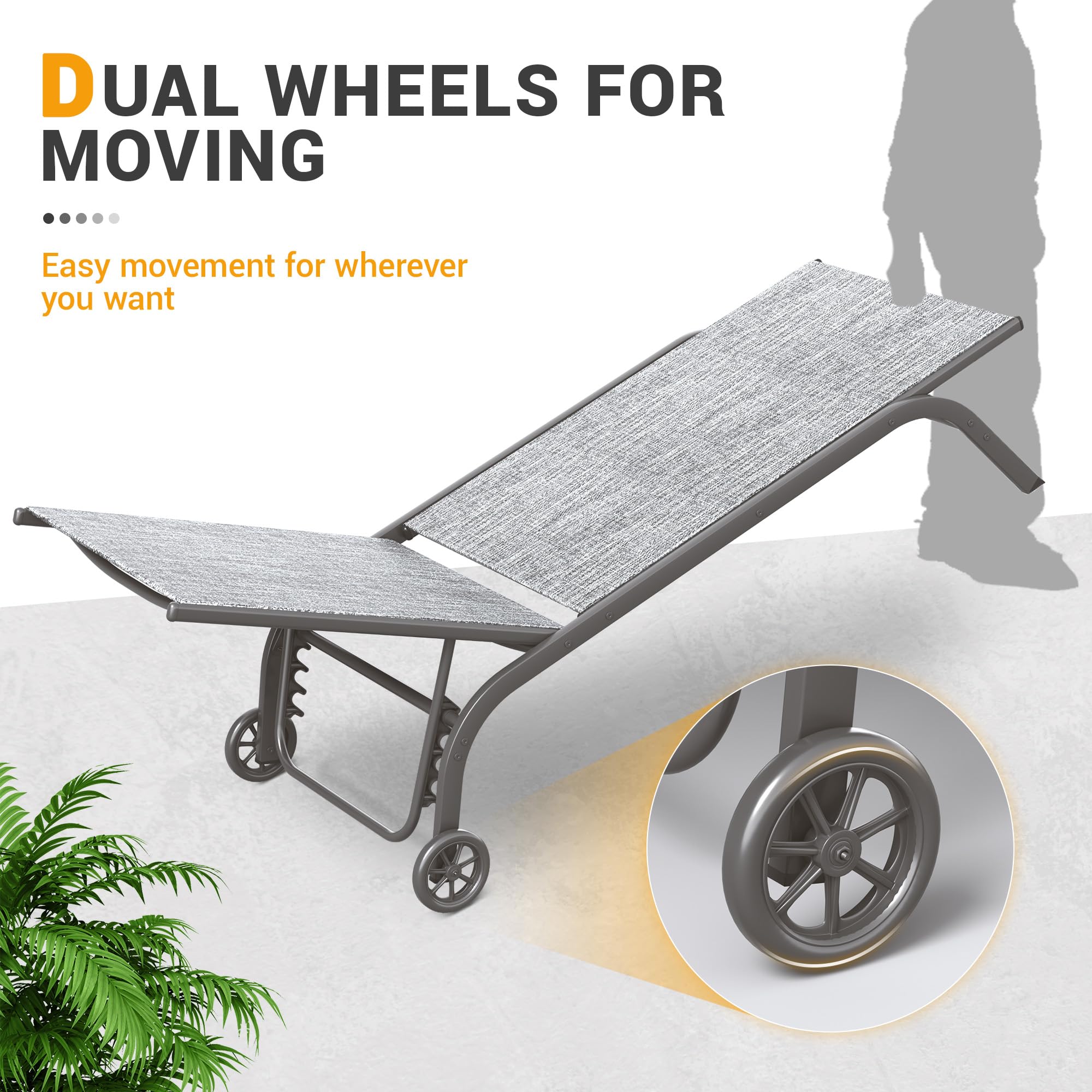 Chaise Lounge Outdoor Set of 3, Aluminum Lounge Chair, 5 Adjustable Position Backrest Pool Lounger with Wheels and Side Table for Patio Pool Patio (Grey)