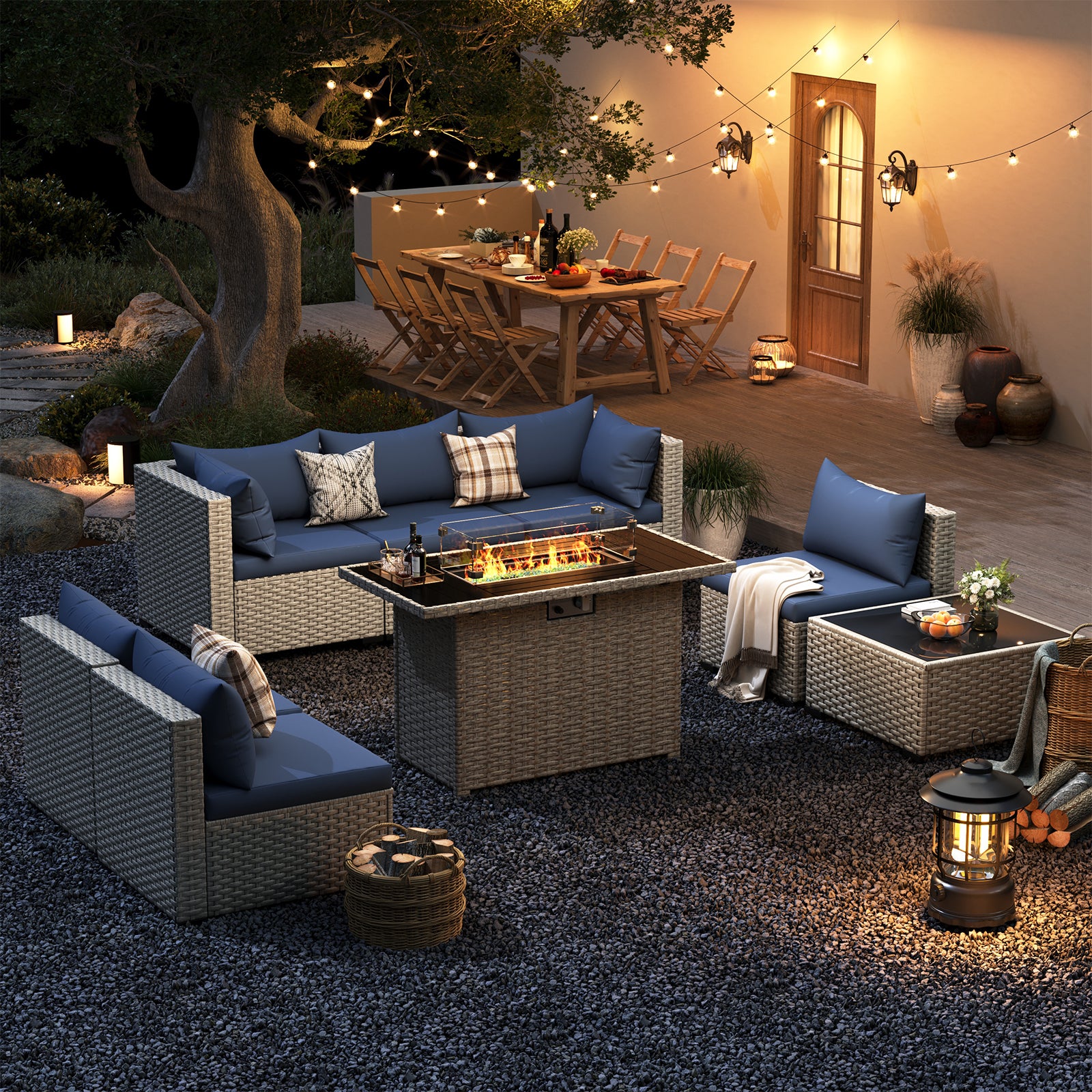 UDPATIO Patio Furniture Set with Fire Pit Table, 8 Pieces Outdoor Sectional Sofa, PE Wicker Patio Conversation Set for Garden, Backyard Green