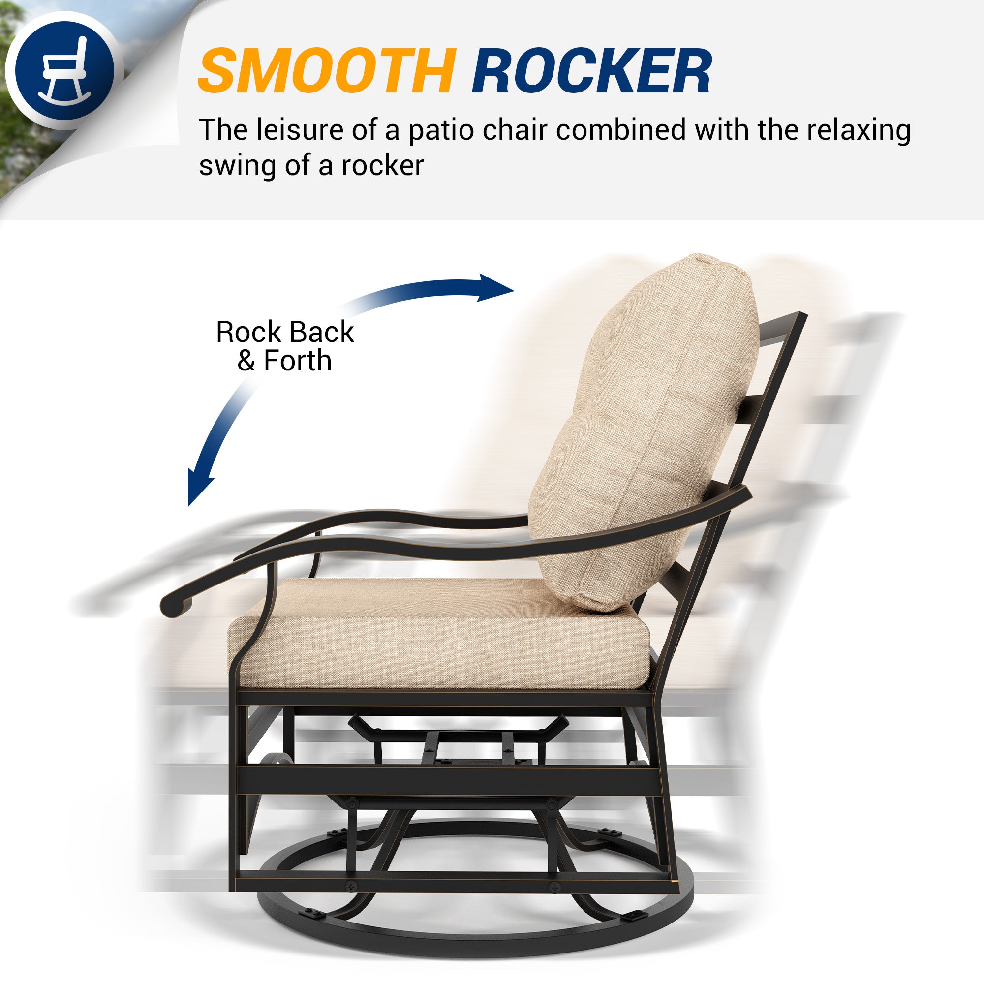 UDPATIO Outdoor Swivel Rocker Chairs, 3 Piece Metal Patio Rocking Chairs with Blue Padded Cushions Patio Bistro Furniture Set with Side Table for Porch Balcony Backyard