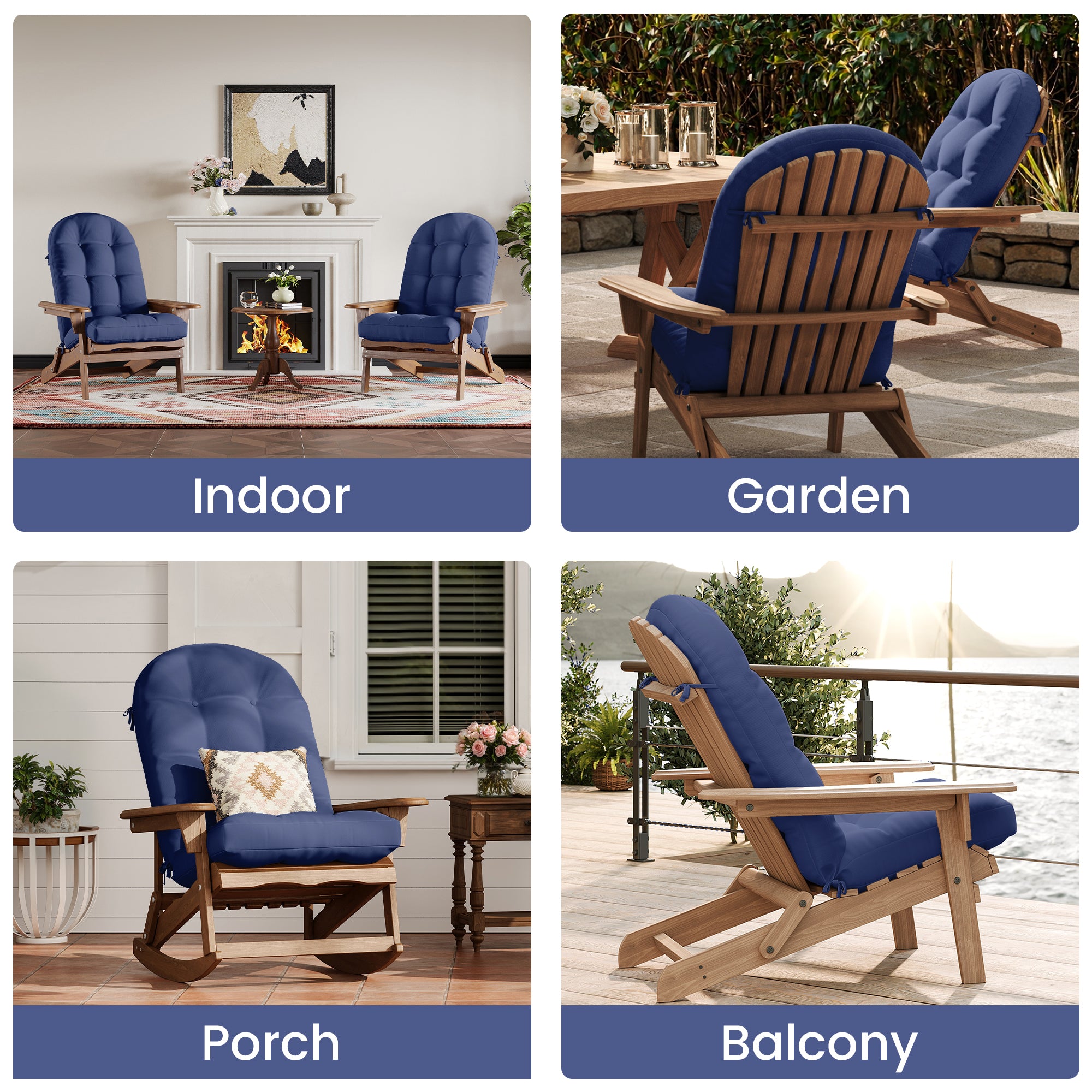 Adirondack Chair Cushion with Ties - Sunproof Waterproof Outdoor High Back Seat Pads for Rocking Chairs, Patio, Deck, Porch, Lawn (Upper & Lower Back Support)