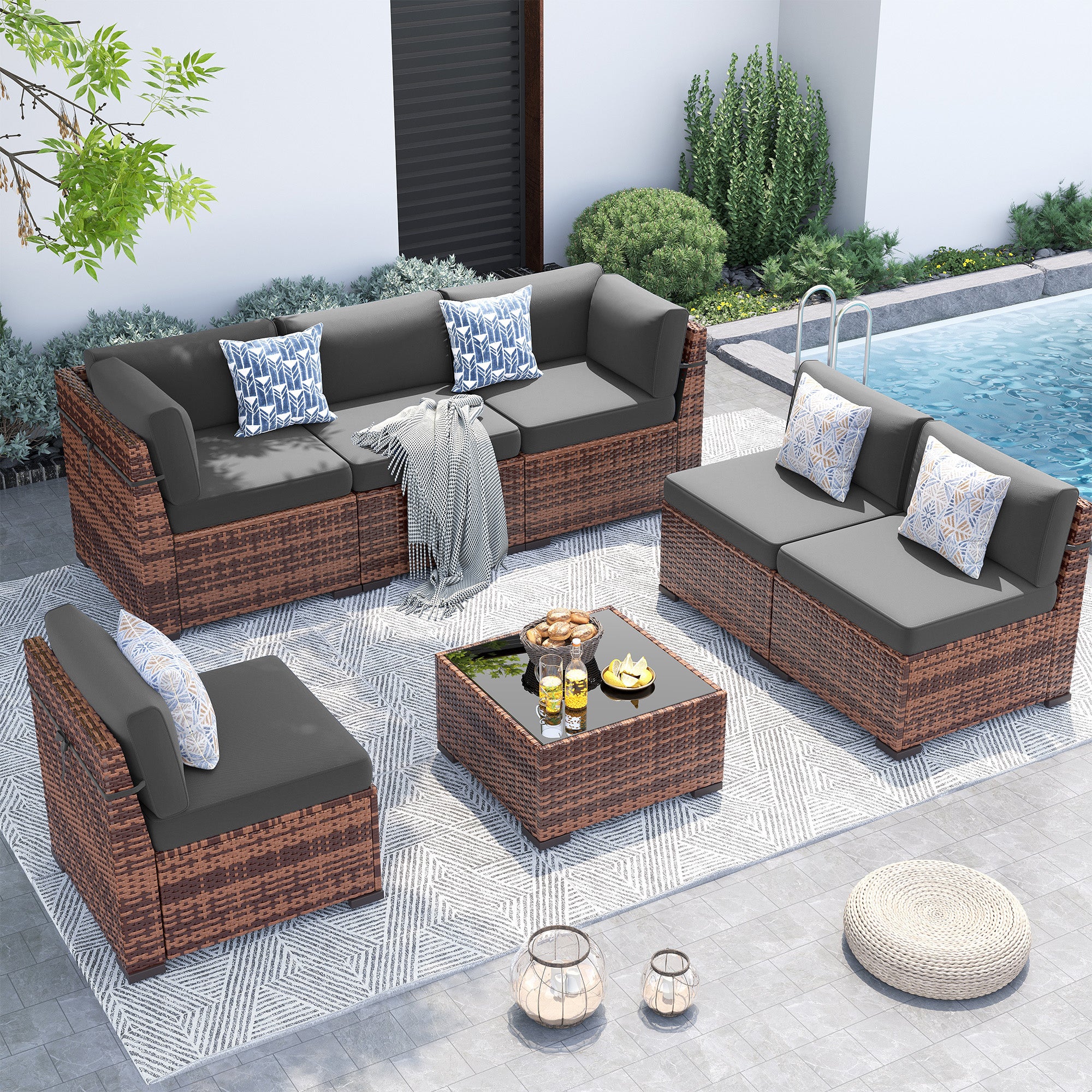 UDPATIO Patio Furniture Set,7 Pieces Outdoor Rattan Sectional Set,Modular Slanted Back Patio Conversation Set Heavy Duty Wicker Sofa for Backyard, Deck W/Coffee Table,4'' Thick Cushions,Cover