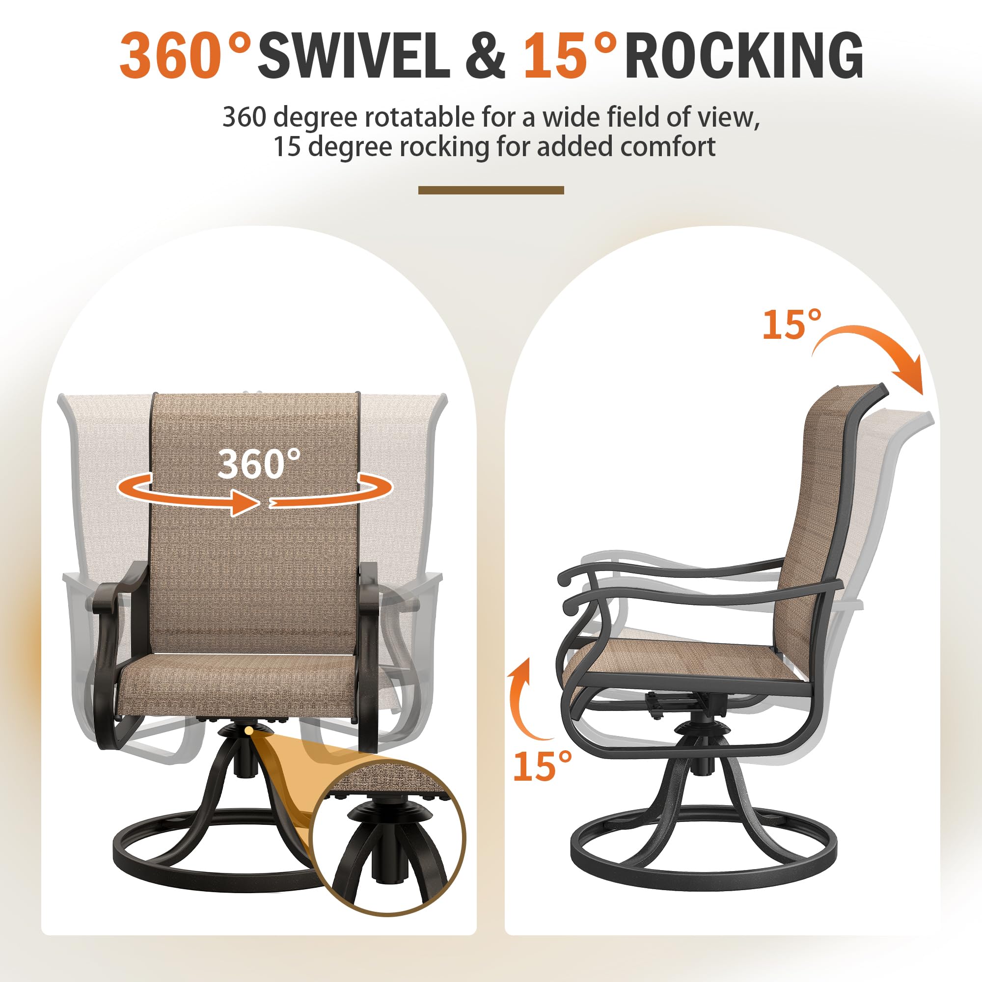 UDPATIO Patio Swivel Chairs Set of 4, Outdoor Patio Dining Chairs with All Weather Textilene Black Metal Frame for Lawn Garden Backyard, Brown