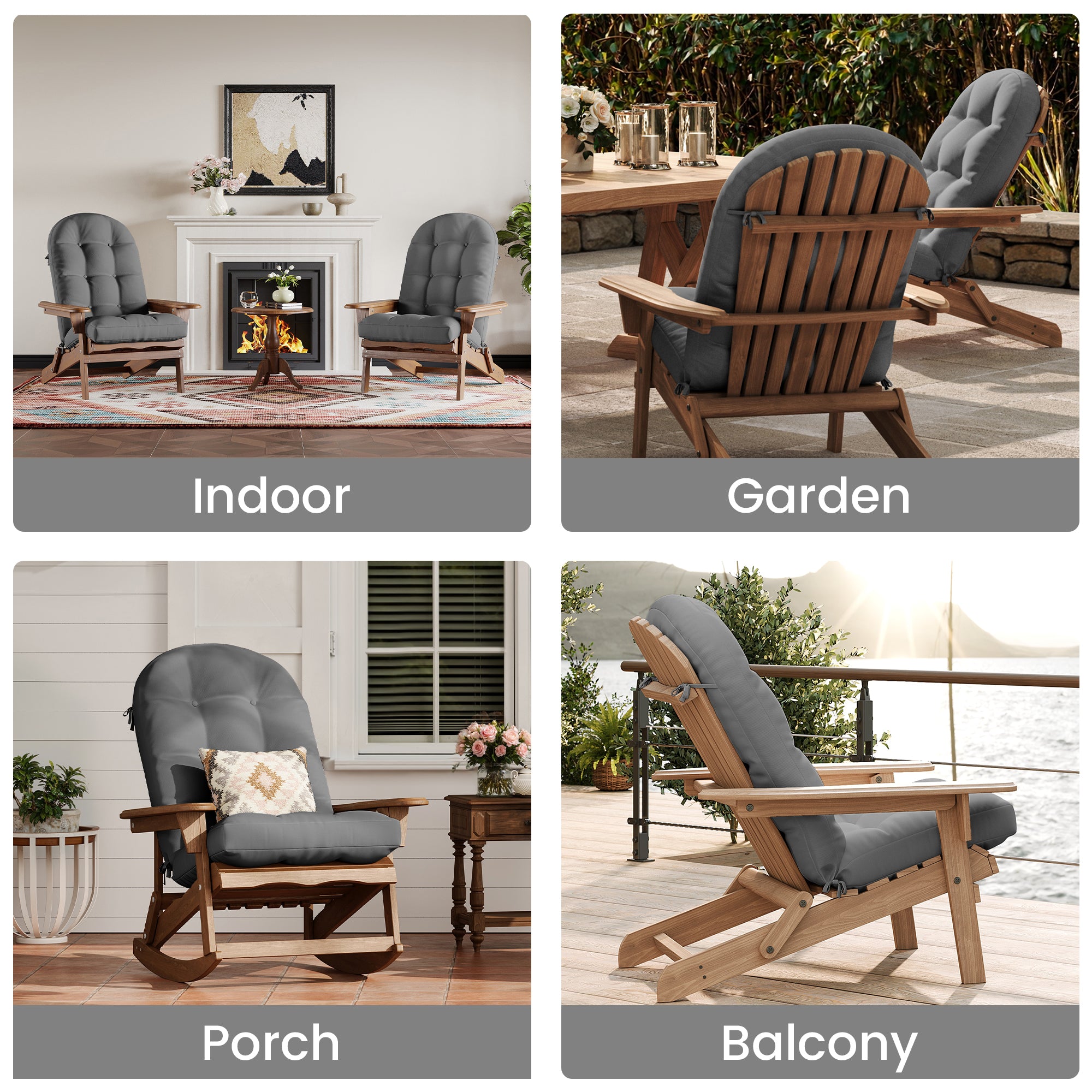 Adirondack Chair Cushion Set of 2 with Ties - Sunproof Waterproof Outdoor High Back Seat Pads for Rocking Chairs, Patio, Deck, Porch, Lawn (Upper & Lower Back Support)