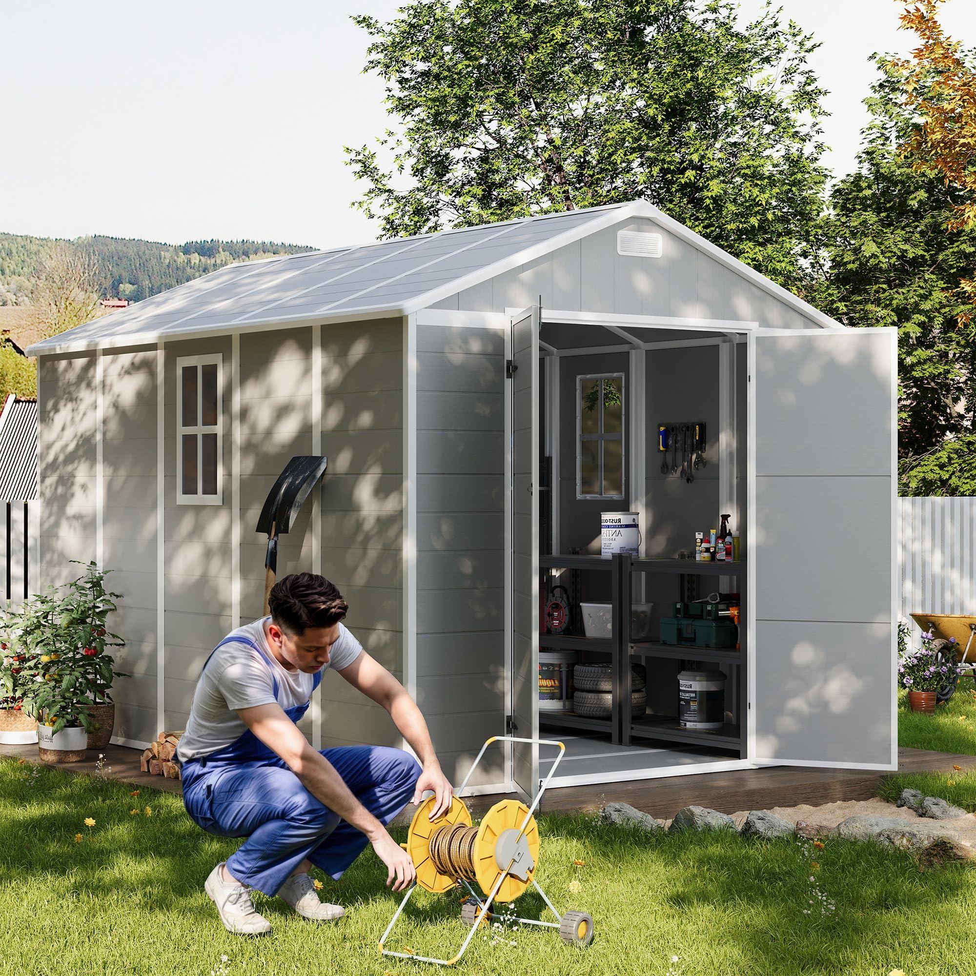 UDPATIO Storage Shed 8 x 10 FT, Resin Outdoor Garden Sheds with Floor Plastic Patio Outdoor Storage with Lockable Door for Tool, Bike, Garbage Gray White