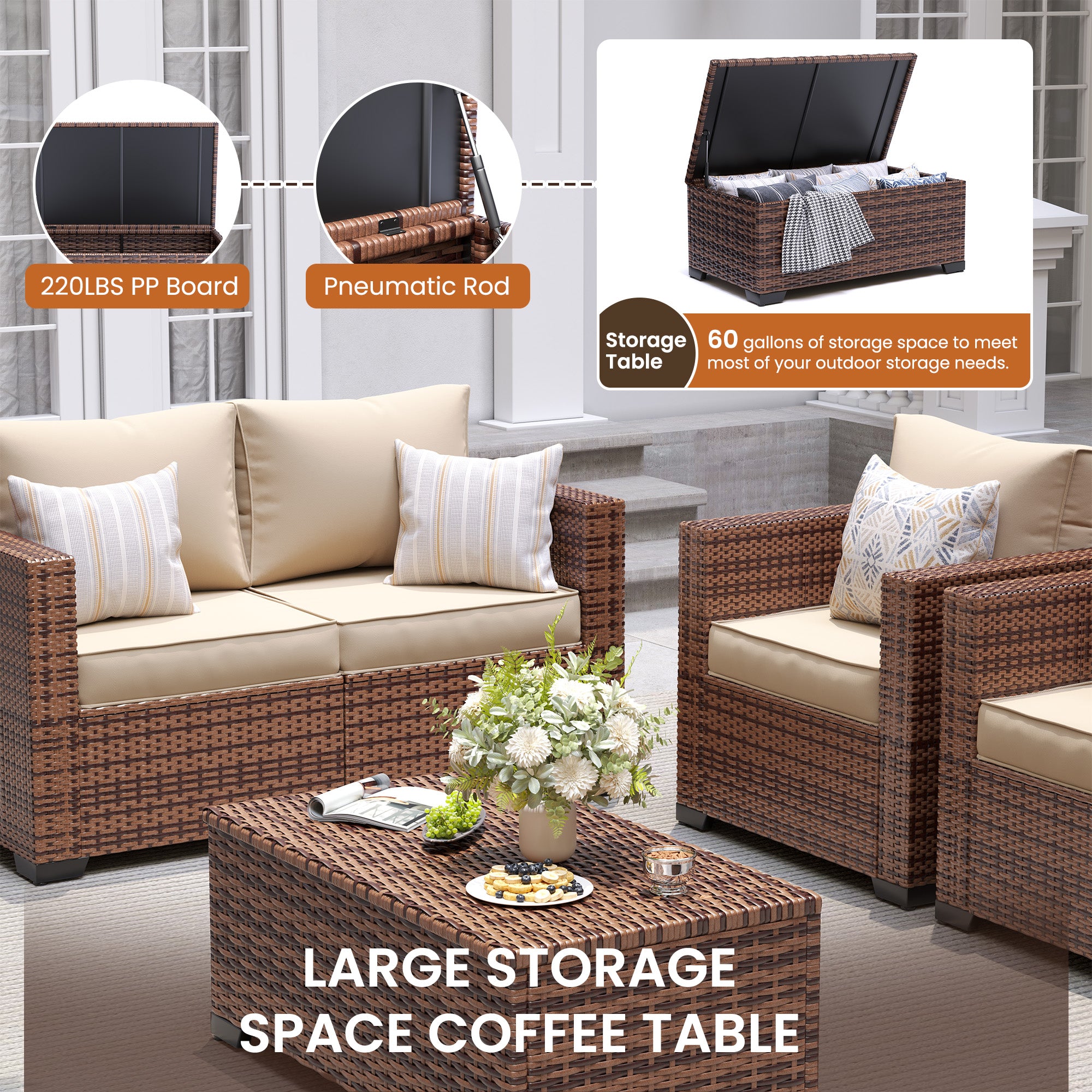 B0CJ6QDVTH Patio Furniture Sets with Ottoman & Storage Table