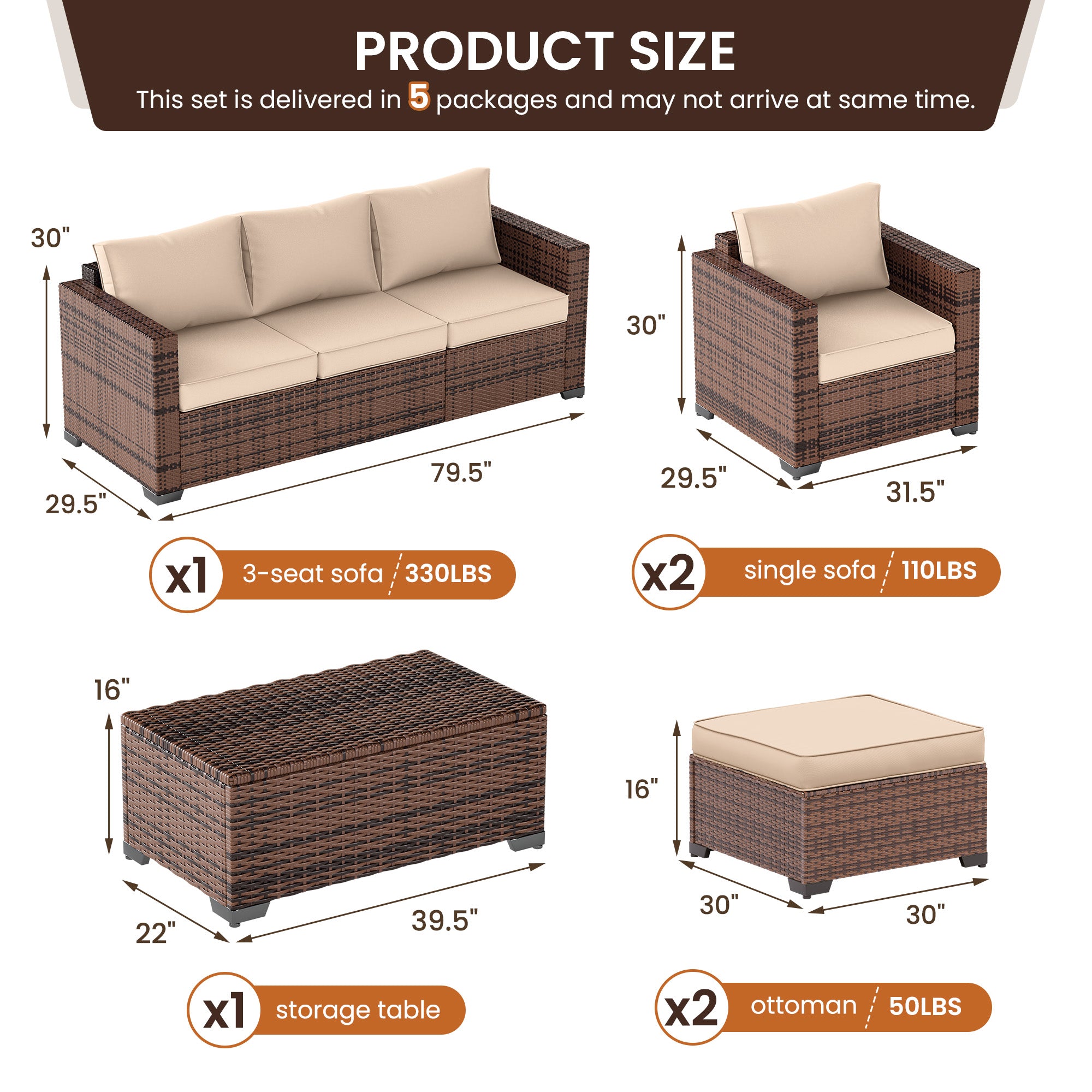 B0CJ6QDVTH Patio Furniture Sets with Ottoman & Storage Table