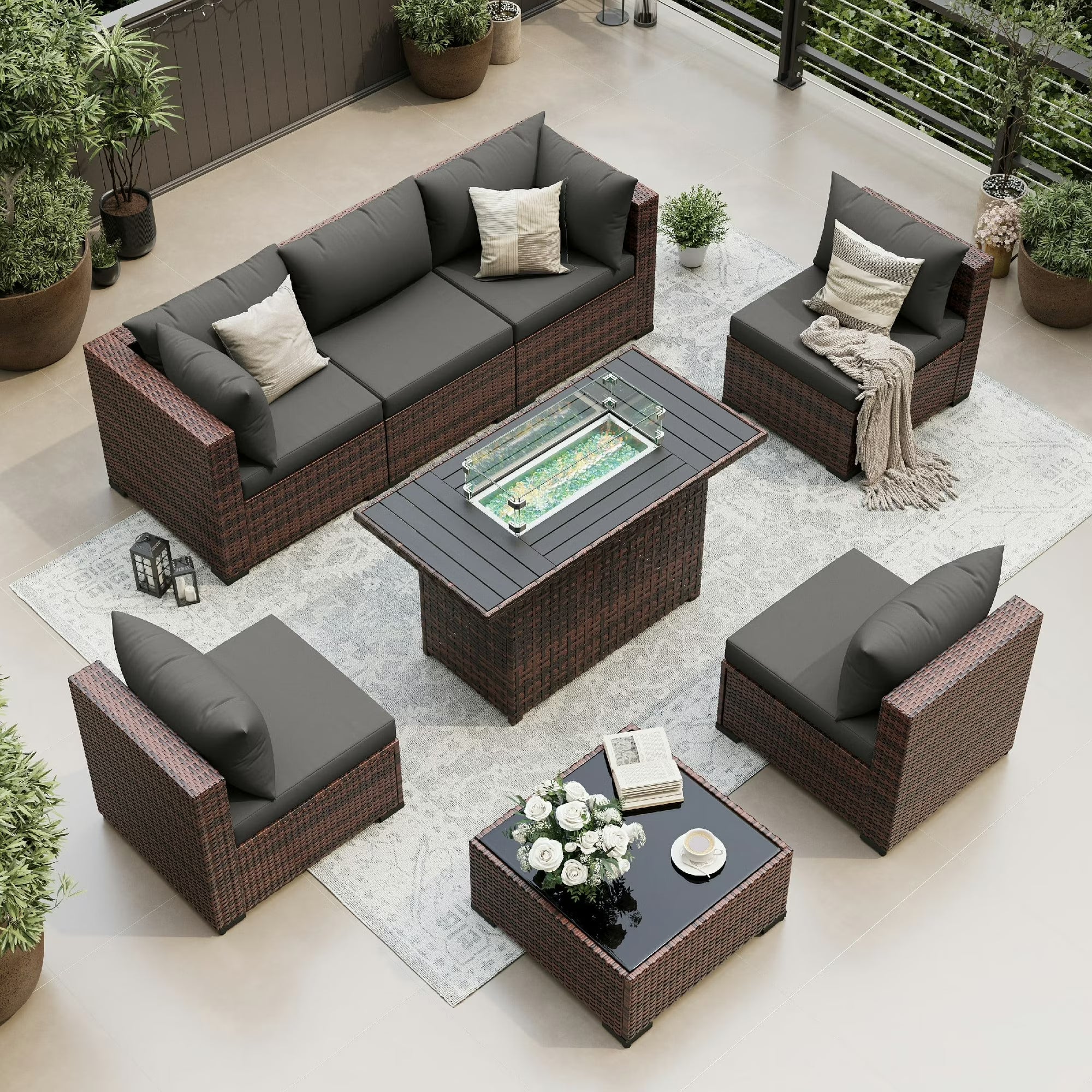 UDPATIO Patio Furniture Sets, Modular Rattan Outdoor Patio Sectional Furniture with 44" Fire Pit Table,, Wicker Patio Conversation Set for Backyard, Deck, Poolside w/Glass Coffee Table, 7PC Grey