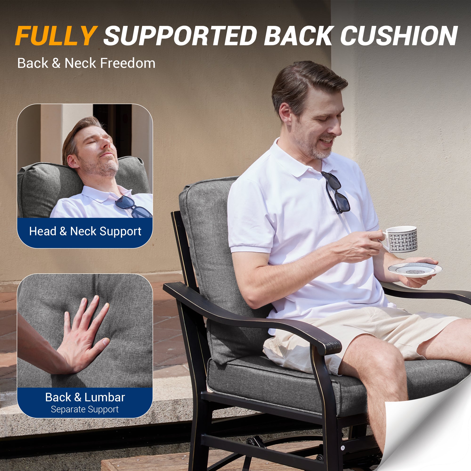 UDPATIO Outdoor Swivel Rocker Chairs, 3 Piece Metal Patio Rocking Chairs with Blue Padded Cushions Patio Bistro Furniture Set with Side Table for Porch Balcony Backyard