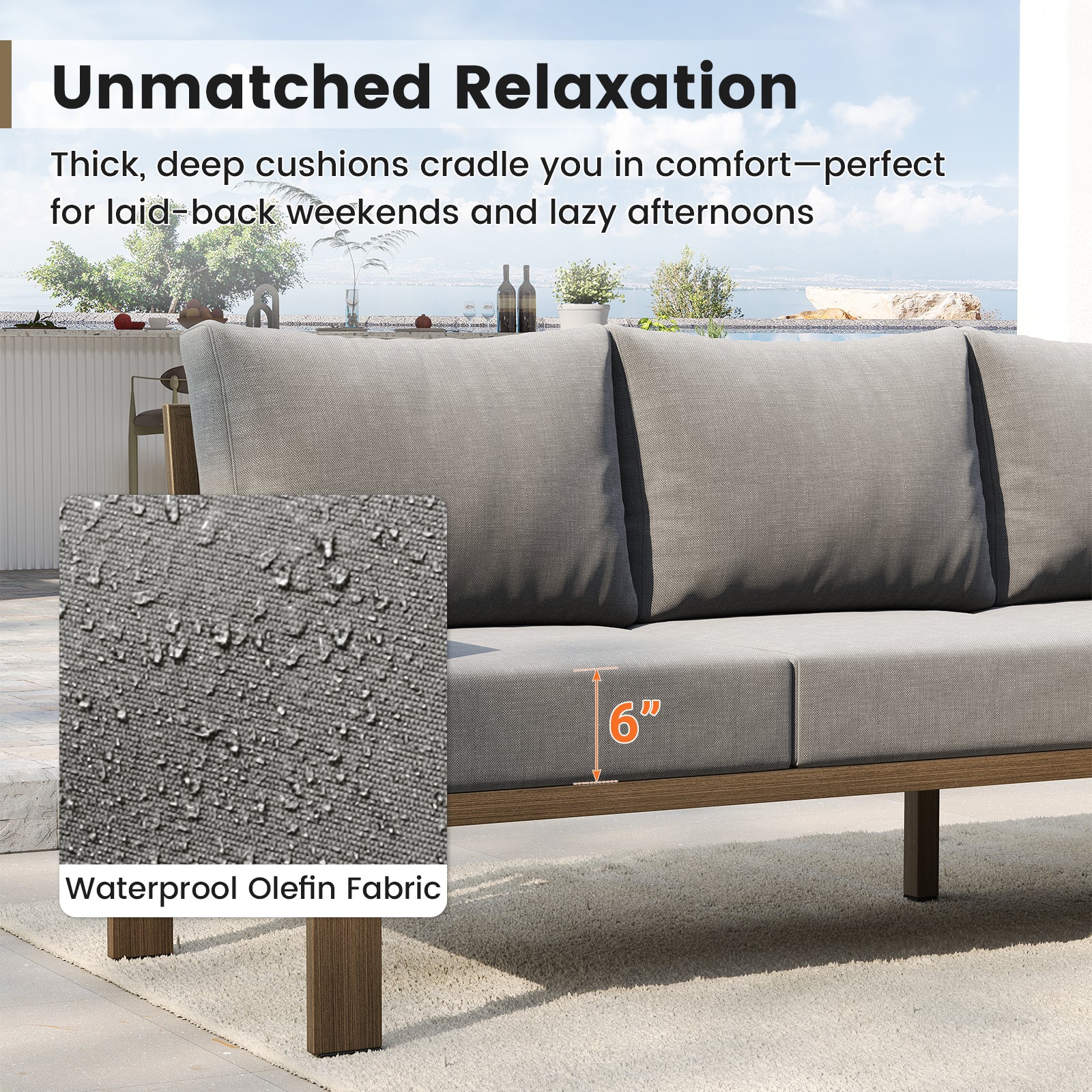 UDPATIO 6 Piece Patio Furniture Set, Faux Wood Metal Outdoor Sectional Sofa with 6" Thick Olefin Cushions, Wide Armrest & Coffee Table, L Shaped Outdoor Furniture for Garden, Backyard