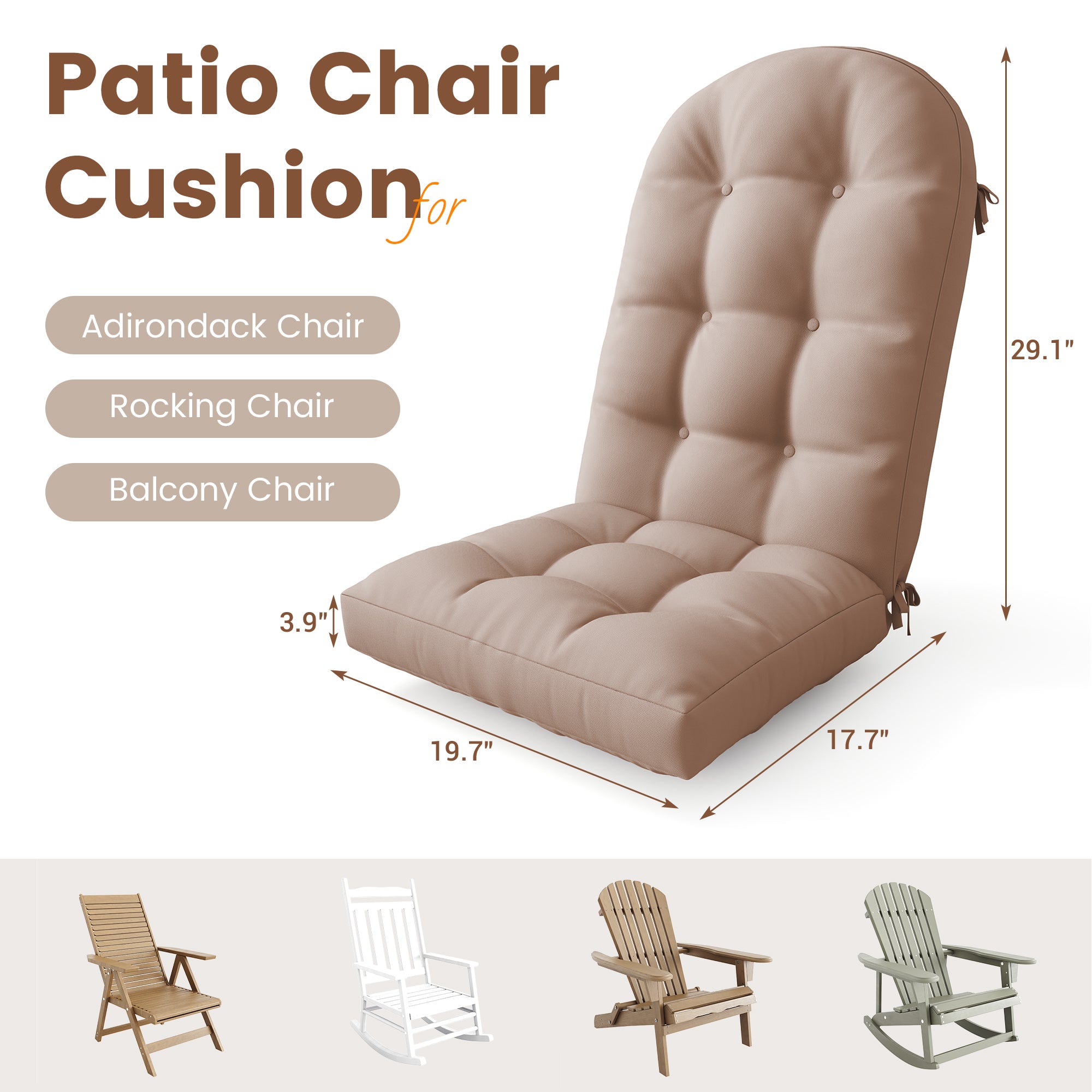 Adirondack Chair Cushion with Ties - Sunproof Waterproof Outdoor High Back Seat Pads for Rocking Chairs, Patio, Deck, Porch, Lawn (Upper & Lower Back Support)