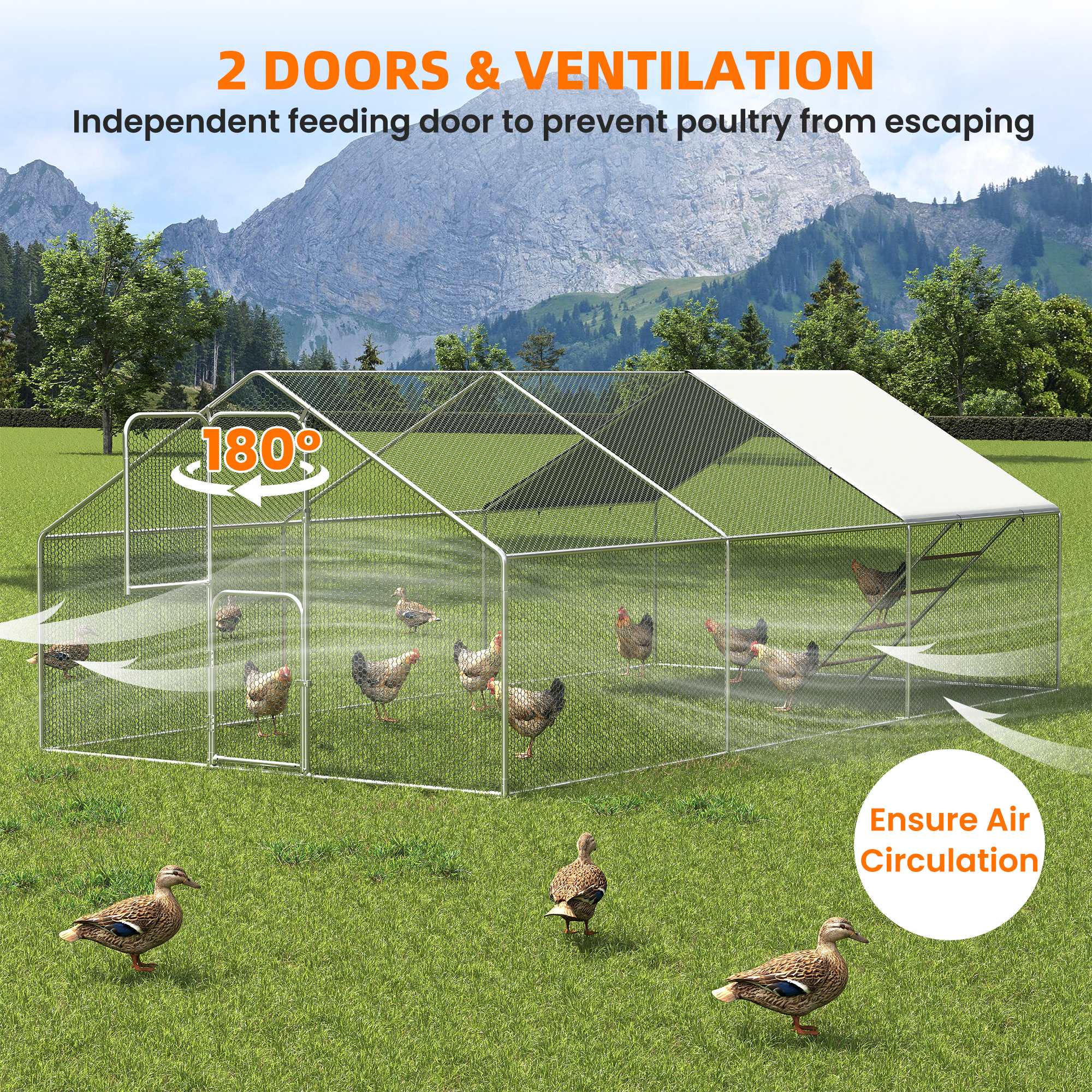 Large Chicken Coop & Metal Run - Spacious Walk In Pen for 20-30 Chickens with Double Feed Door, UV-Resistant Cover, Galvanized Frame - Duck & Rabbit House