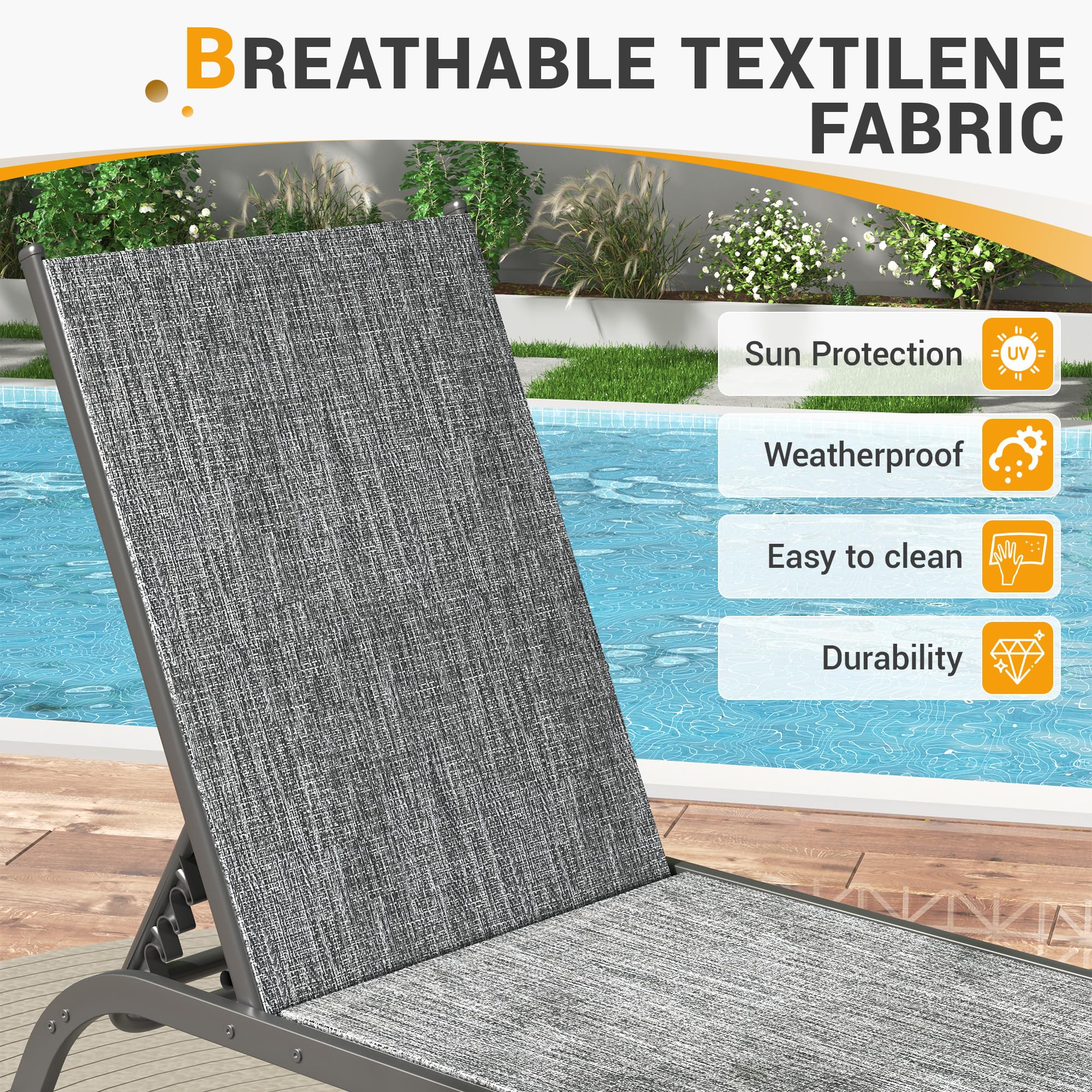 UDPATIO Outdoor Chaise Lounge Padded Set of 3, Aluminum Lounge Chair with Removable Cushion, 5 Adjustable Position Pool Lounger with Wheels and Side Table for Garden Poolside Patio (Grey)