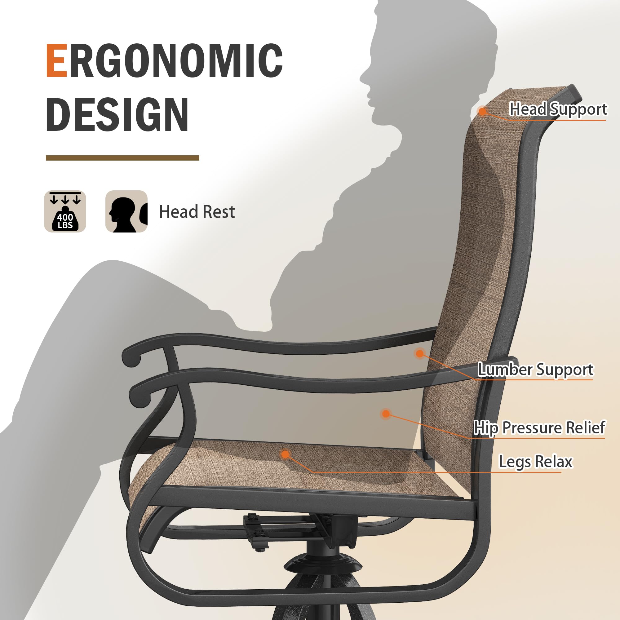 UDPATIO Patio Swivel Chairs Set of 4, Outdoor Patio Dining Chairs with All Weather Textilene Black Metal Frame for Lawn Garden Backyard, Brown