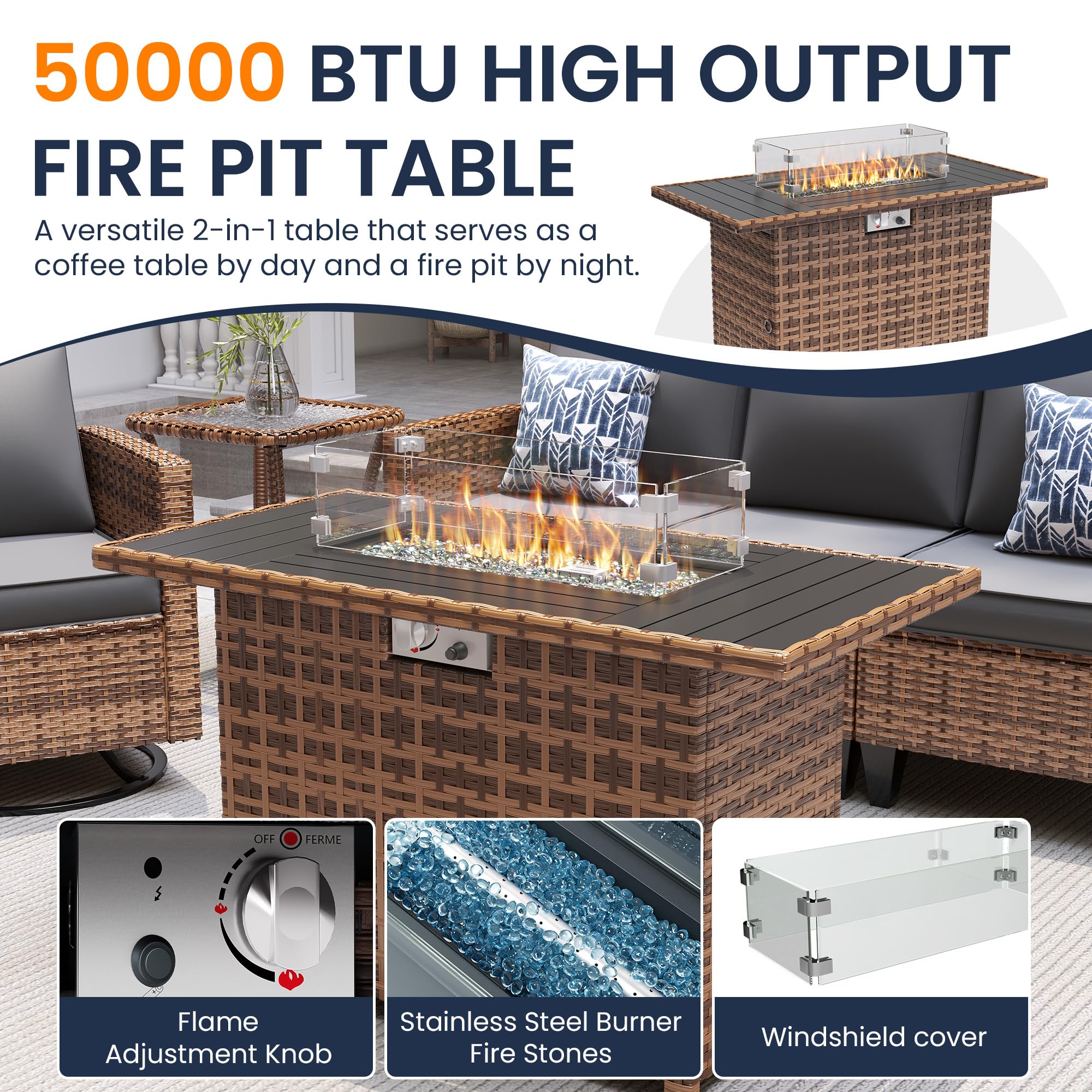 UDPATIO Aluminum Patio Furniture Set with Fire Pit Table, 7Seats Aluminum Outdoor Furniture Set with Water-Proof Cover Included,Cushions