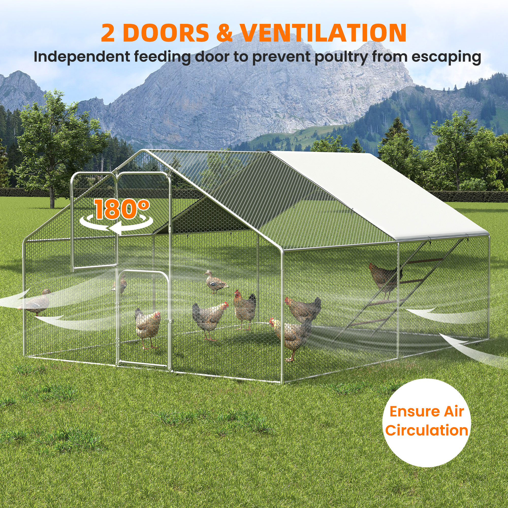Large Chicken Coop & Metal Run - Spacious Walk In Pen for 10-20 Chickens with Double Feed Door, UV-Resistant Cover, Galvanized Frame - Duck & Rabbit House