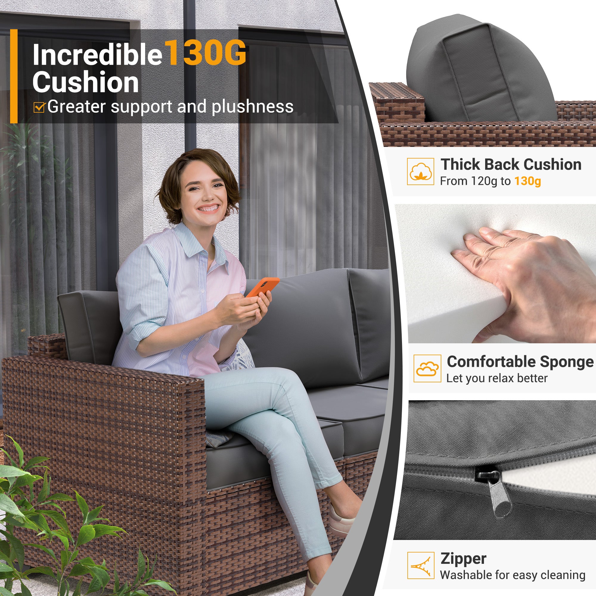 UDPATIO 3-Seat Patio Wicker Sofa, Outdoor Rattan Sectional Couch Furniture Steel Frame w/Furniture Cover Non-Slip Cushion and Deep Seating High Back