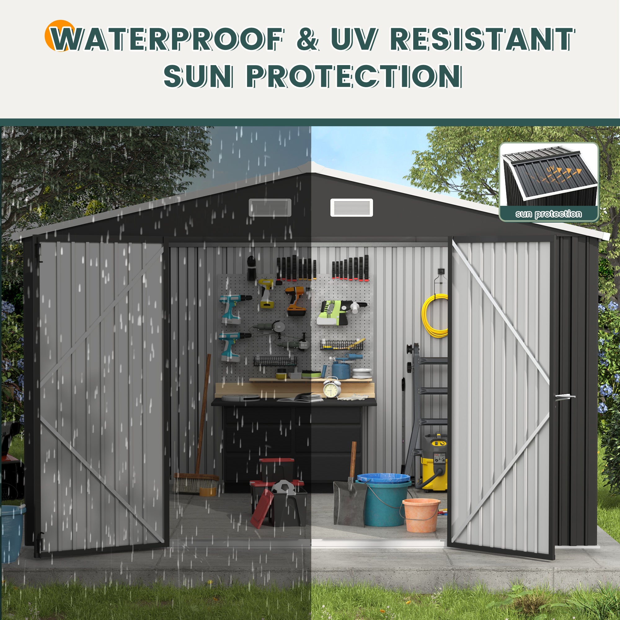 UDPATIO Outdoor Storage Shed 10x10 FT, Outside Sheds & Outdoor Storage Metal Galvanized Steel Yard, Lawn, with Lockable Door for Can, Bike, Lawnmower,Dark Grey