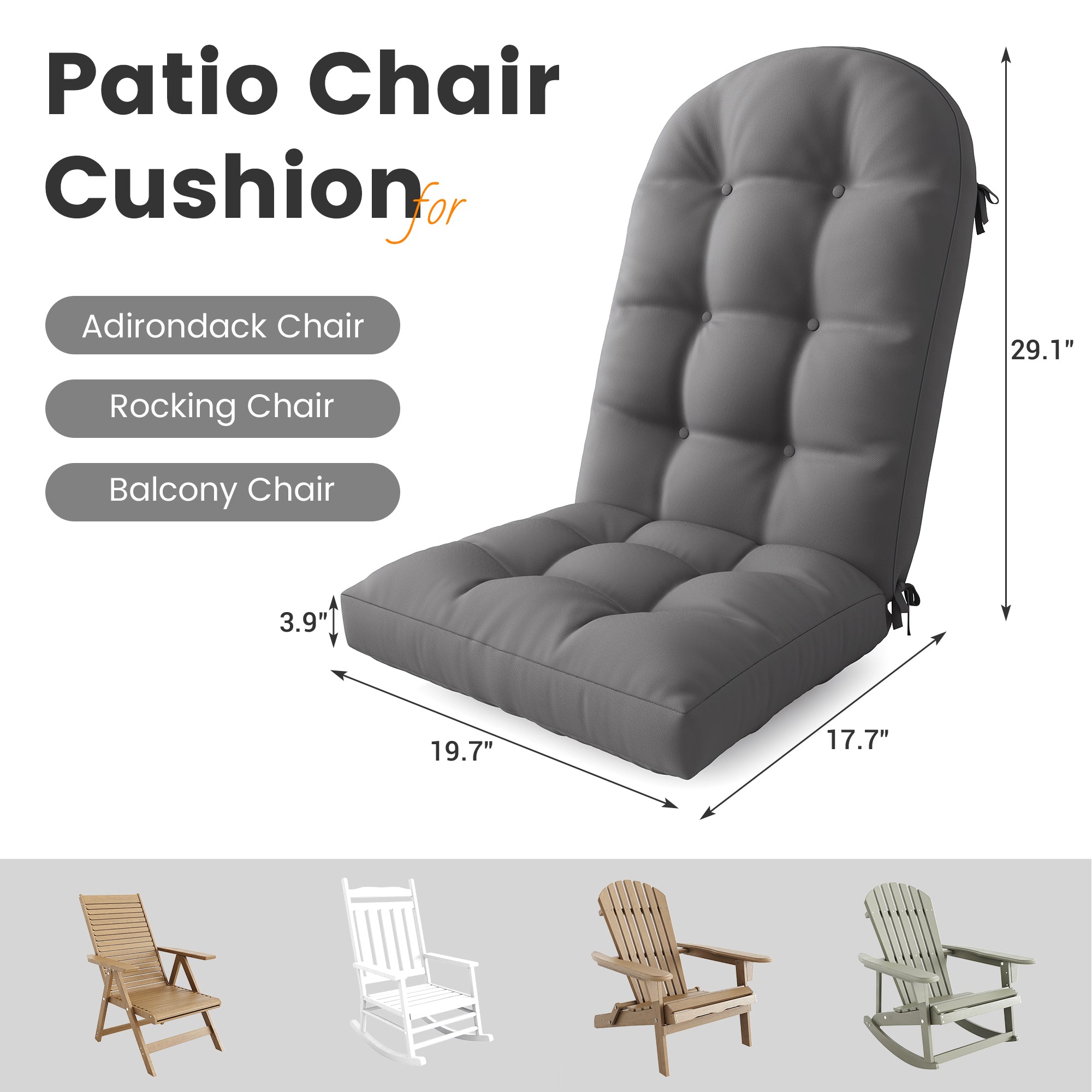 Adirondack Chair Cushion Set of 2 with Ties - Sunproof Waterproof Outdoor High Back Seat Pads for Rocking Chairs, Patio, Deck, Porch, Lawn (Upper & Lower Back Support)