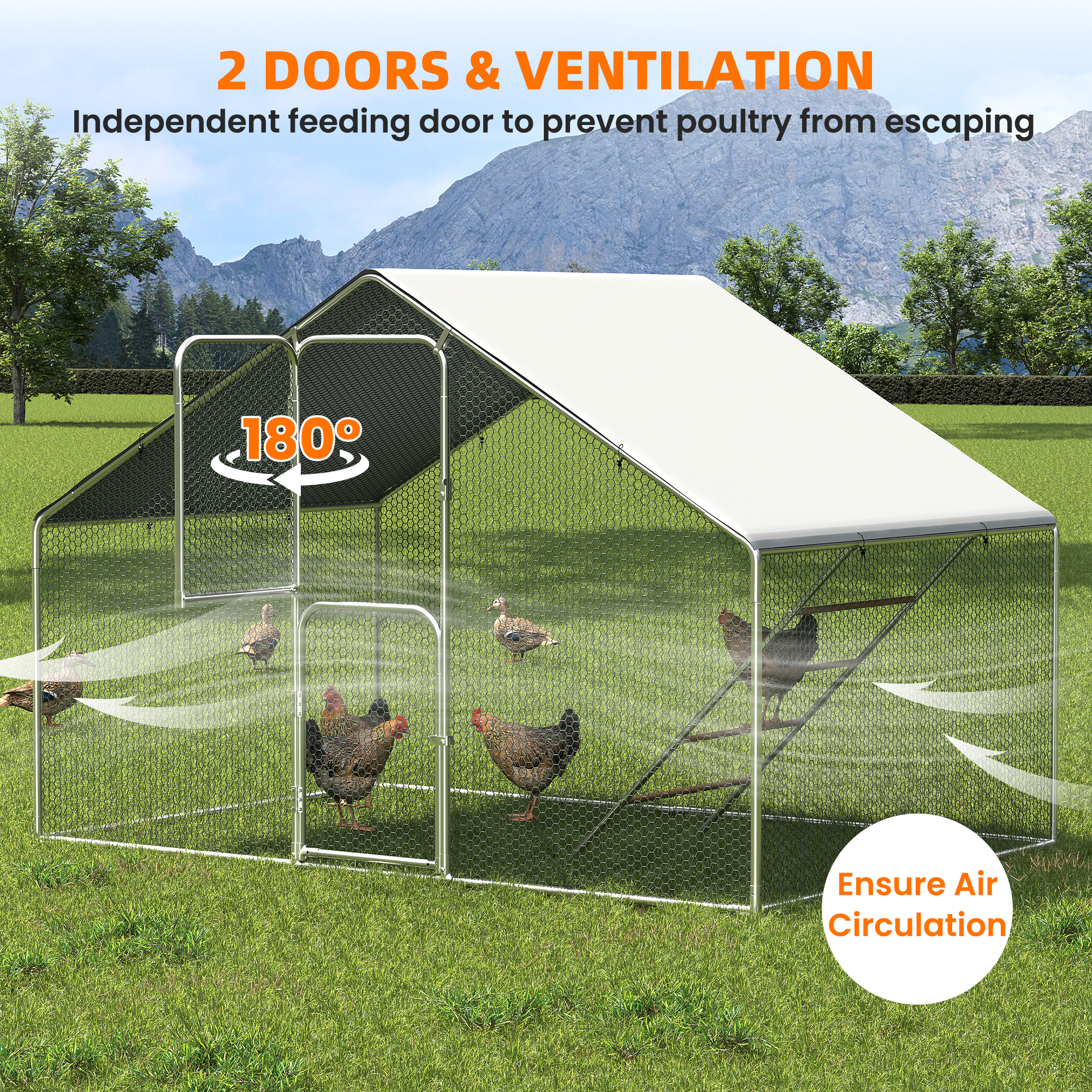 Chicken Coop & Metal Run - Spacious Walk In Pen for 10 Chickens with Double Feed Door, UV-Resistant Cover, Galvanized Frame - Duck & Rabbit House