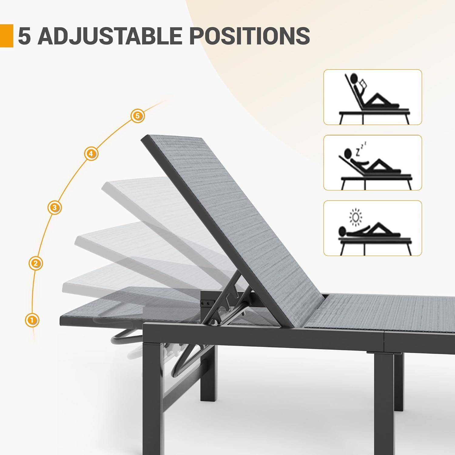 UDPATIO Lounge Chair Outdoor 3 Pieces Pool Chaise Lounge, Adjustable Lounge Poolside Lay Flat Sunbathing Backrest with Table for Patio, Beach, Yard, Pool (Grey)