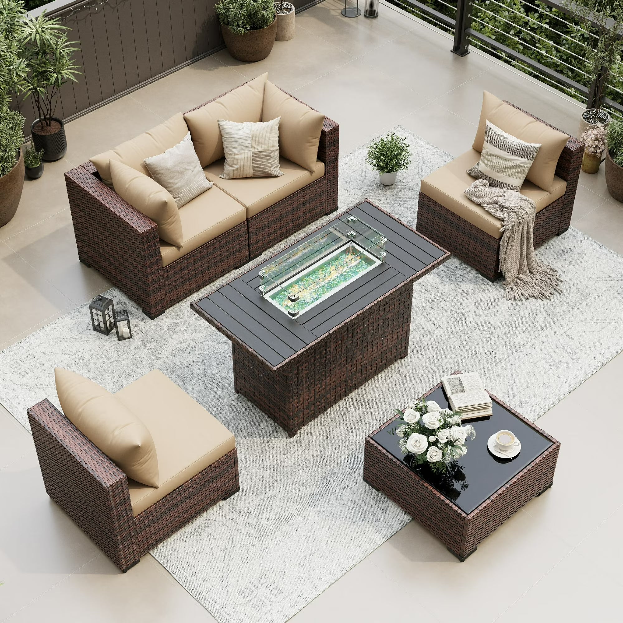 UDPATIO Patio Furniture Sets, Modular Rattan Outdoor Patio Sectional Furniture with 44" Fire Pit Table,, Wicker Patio Conversation Set for Backyard, Deck, Poolside w/Glass Coffee Table, 5PC Khaki