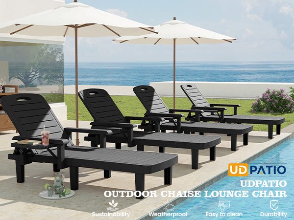 UDPATIO Oversized Pool Lounge Chairs Set of 2, Waterproof Resin Pool Chaise Lounges with Armrests and Cup Holder Tray, 5 Level Adjustable Backrest, for Poolsode, Lawn, Beach, Backyard
