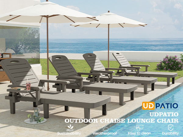 UDPATIO Oversized Pool Lounge Chairs Set of 2, Waterproof Resin Pool Chaise Lounges with Armrests and Cup Holder Tray, 5 Level Adjustable Backrest, for Poolsode, Lawn, Beach, Backyard