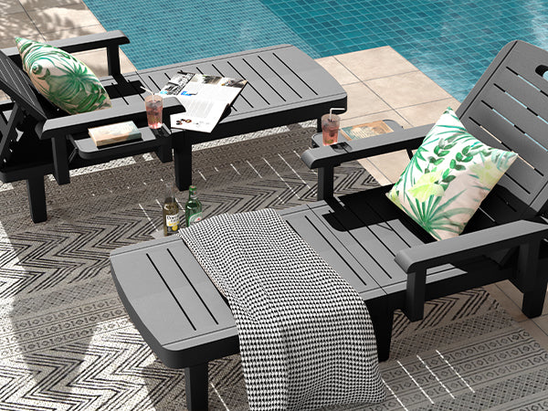 UDPATIO Oversized Pool Lounge Chairs Set of 2, Waterproof Resin Pool Chaise Lounges with Armrests and Cup Holder Tray, 5 Level Adjustable Backrest, for Poolsode, Lawn, Beach, Backyard