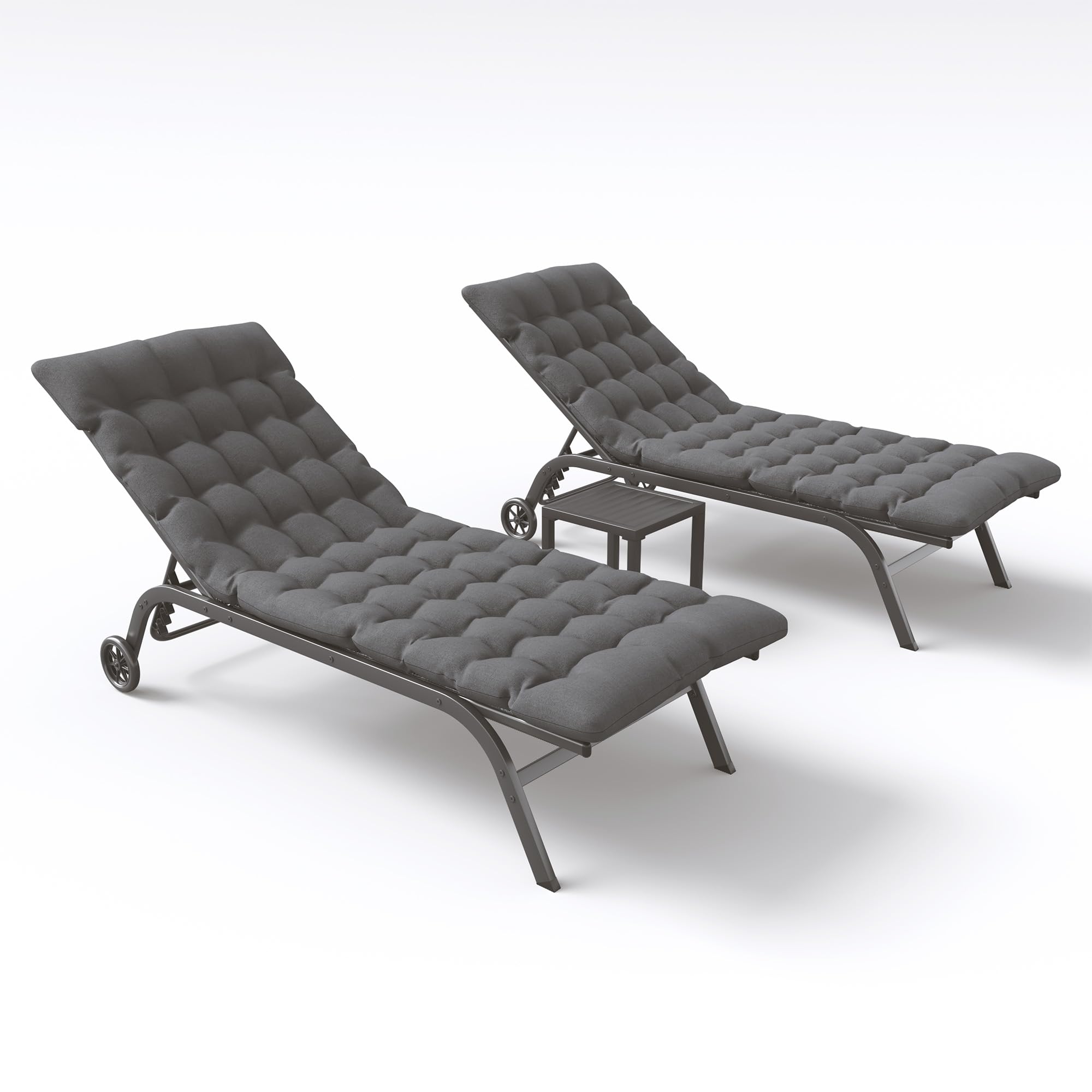 UDPATIO Outdoor Chaise Lounge Padded Set of 3, Aluminum Lounge Chair with Removable Cushion, 5 Adjustable Position Pool Lounger with Wheels and Side Table for Garden Poolside Patio (Grey)