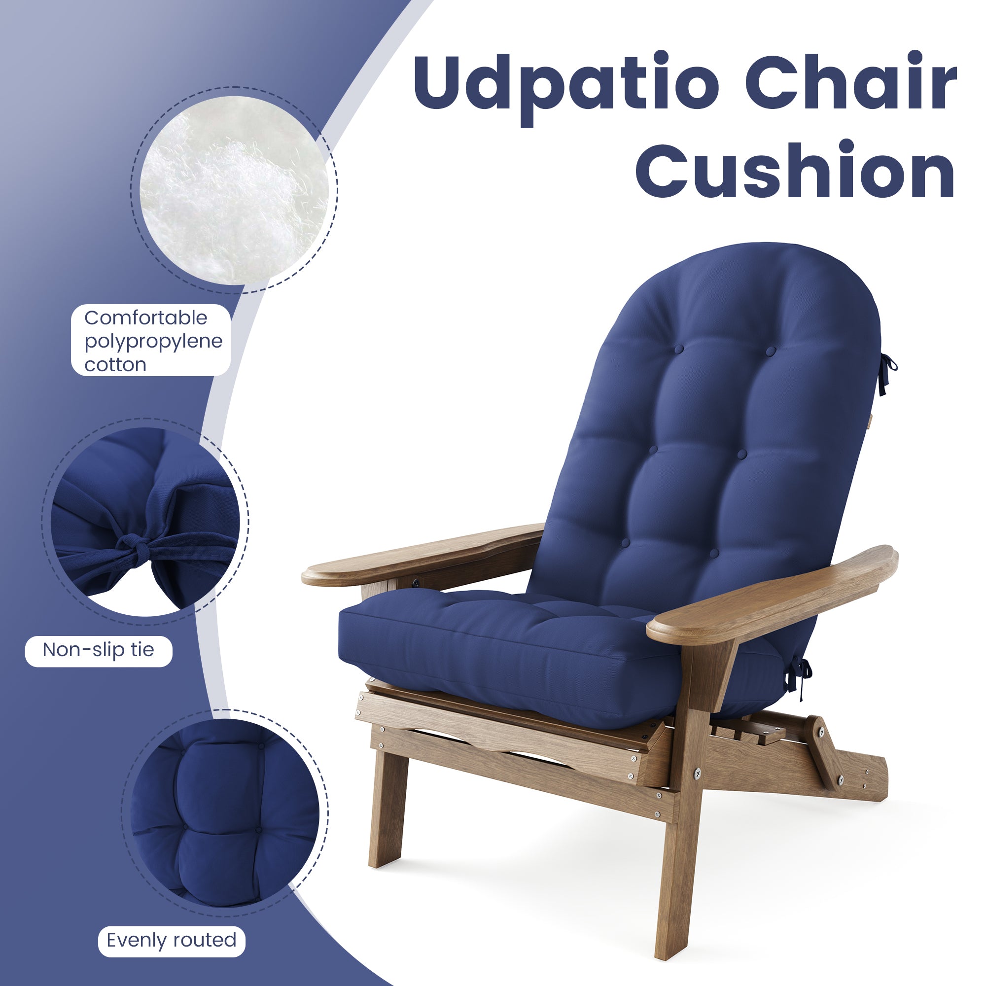 Adirondack Chair Cushion Set of 2 with Ties - Sunproof Waterproof Outdoor High Back Seat Pads for Rocking Chairs, Patio, Deck, Porch, Lawn (Upper & Lower Back Support)