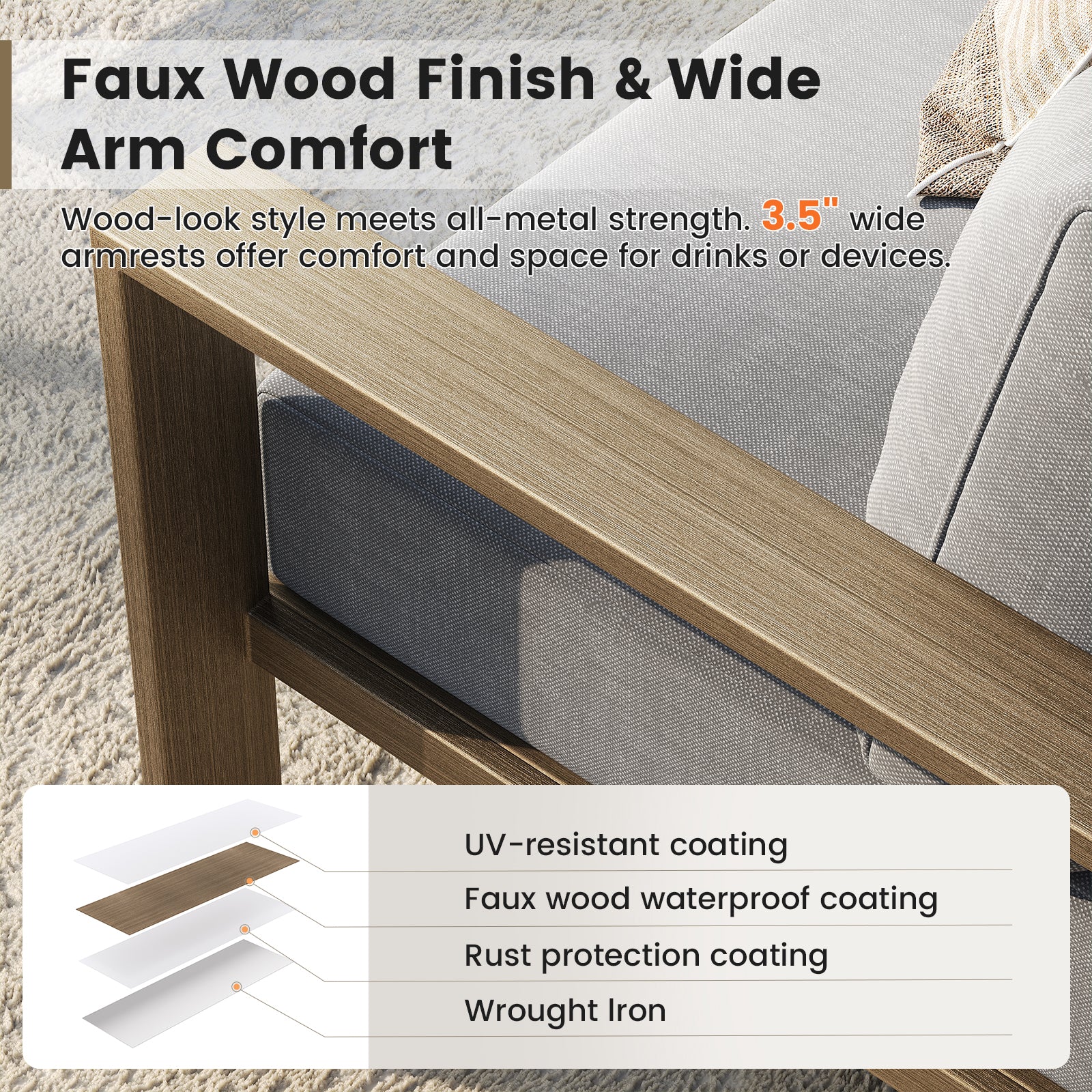 UDPATIO 6 Piece Patio Furniture Set, Faux Wood Metal Outdoor Sectional Sofa with 6" Thick Olefin Cushions, Wide Armrest & Coffee Table, L Shaped Outdoor Furniture for Garden, Backyard